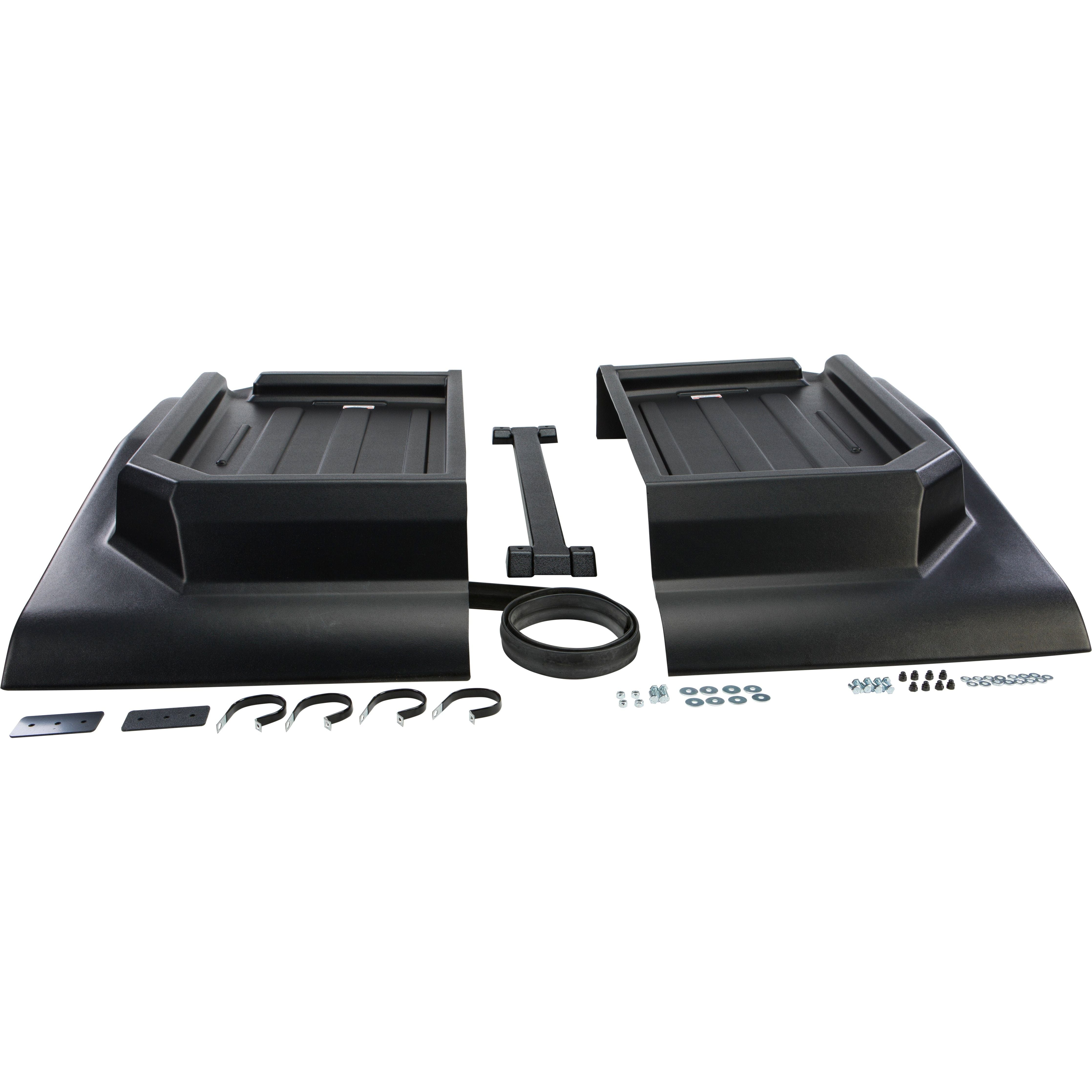 The Can-Am UTV Molded Roof by Open Trail, a durable black plastic roof with UV resistance, comes complete with installation hardware—brackets, screws, washers, and rubber seals—displayed on a white background.