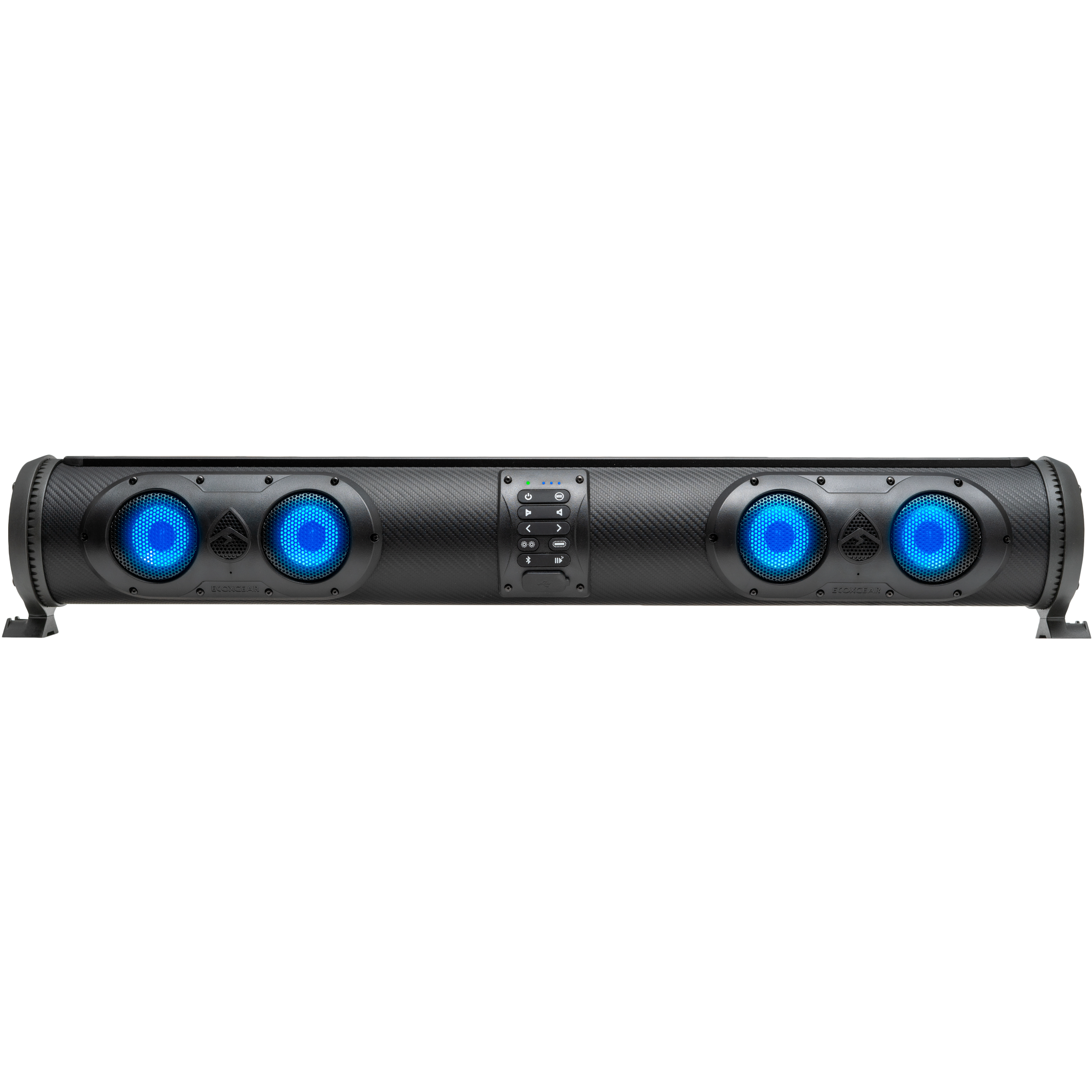 The Soundextreme 32 Soundbar by EcoXGear is a black portable waterproof Bluetooth speaker featuring four circular blue-lit speakers and central control buttons, shown against a white background.