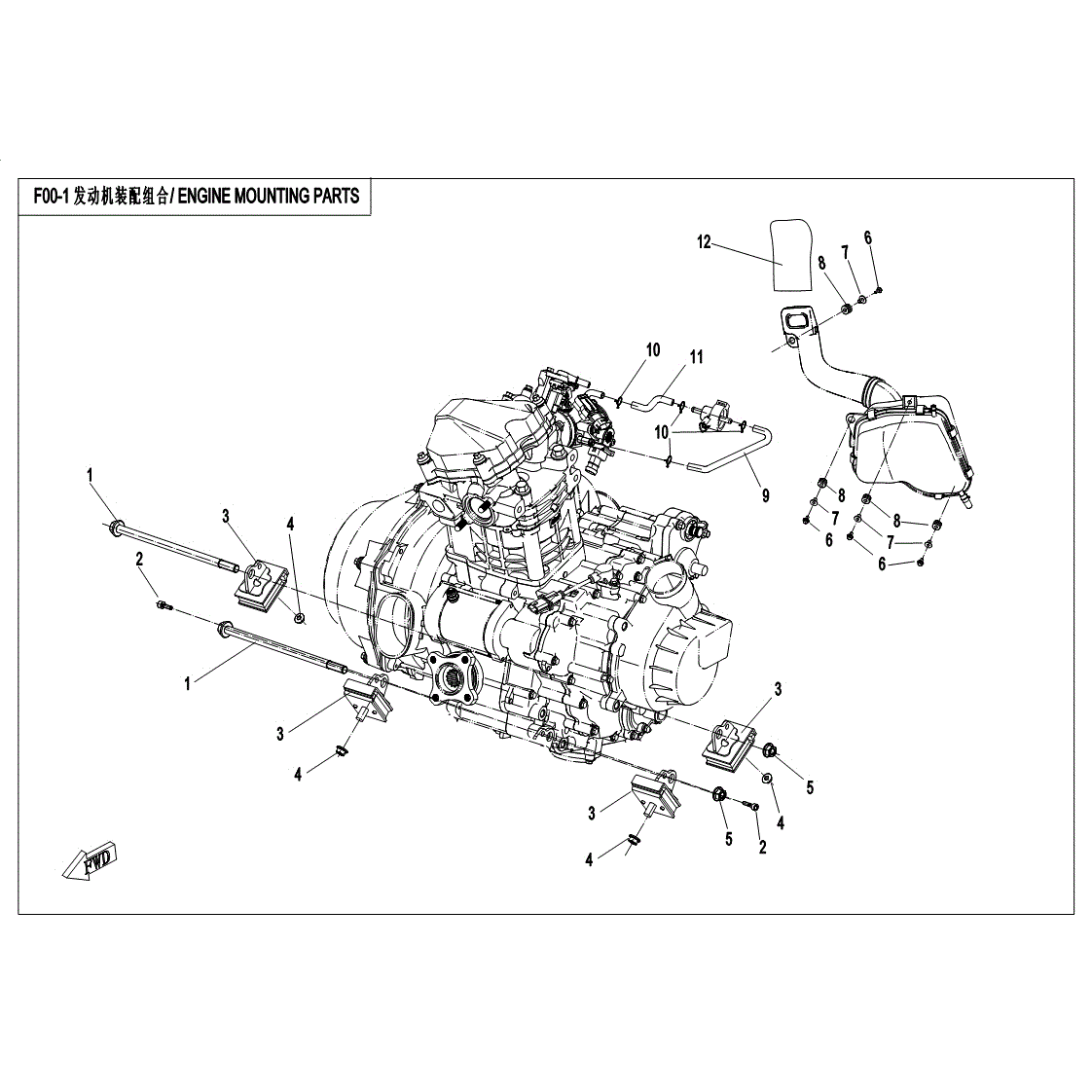 An Image of a Genuine CFMOTO Parts Schematic Diagram showing the schematic - ENGINE MOUNTING PARTS - 2017 CFMOTO ZFORCE 500