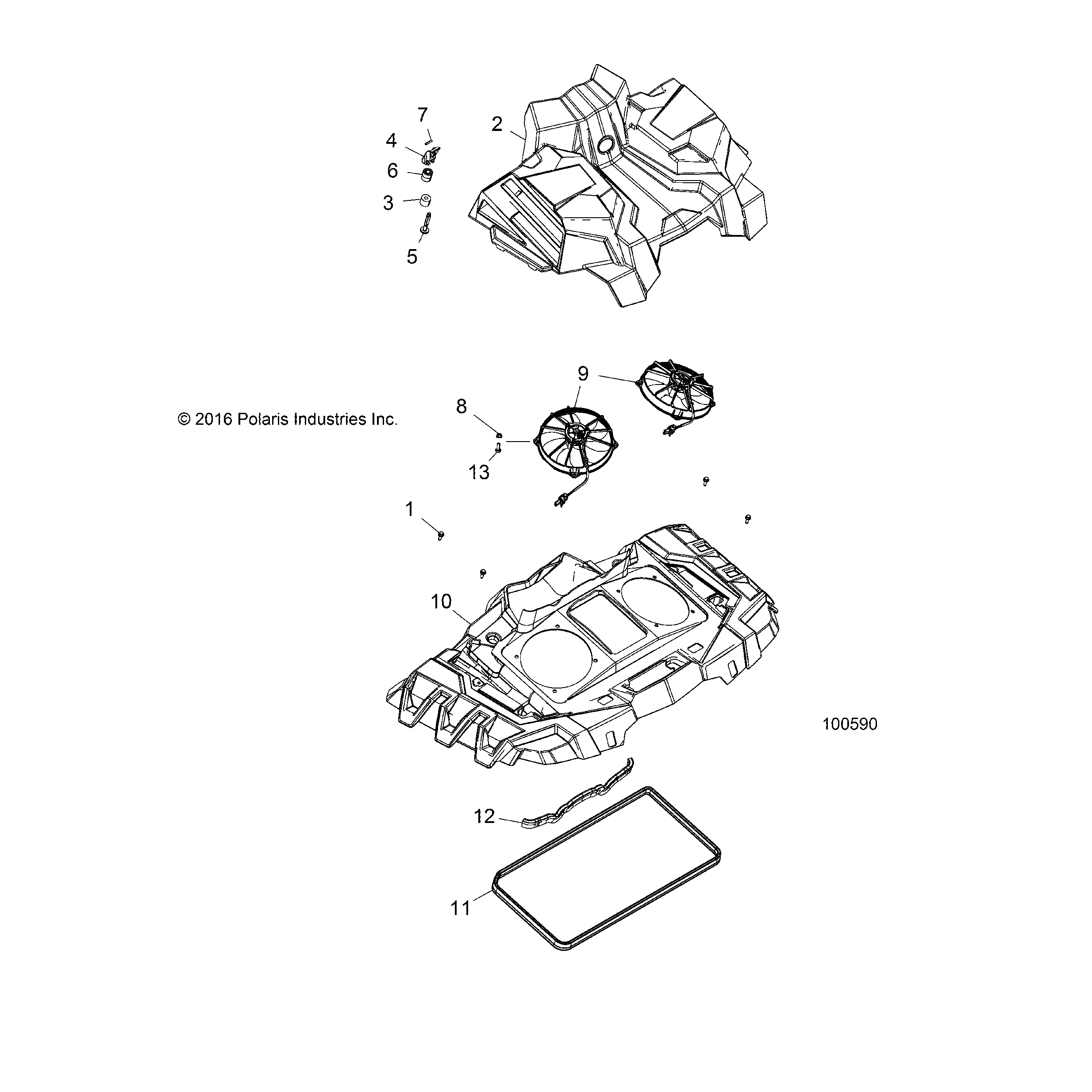 An Image of a Genuine Polaris Parts Schematic Diagram showing the schematic - ENGINE: COOLING SYSTEM FANS AND SHROUDS - 2018 POLARIS SPORTSMAN 850 HIGH LIFTER
