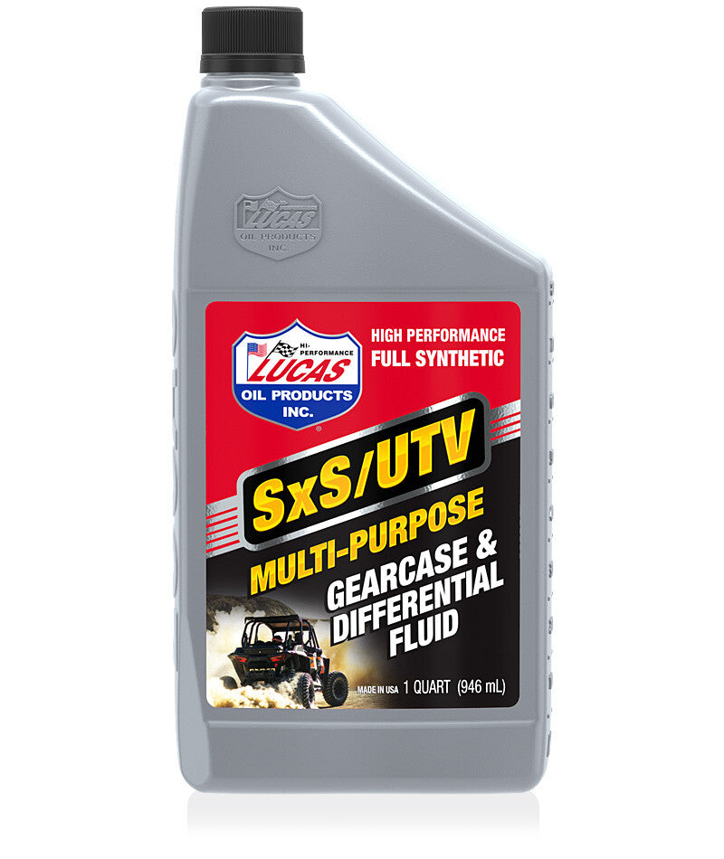 A gray 1-quart bottle of SxS UTV/ATV Gear Case Oil by Lucas Oil with a red label, featuring a heavy-duty off-road vehicle image and bold yellow and white high-performance product details.