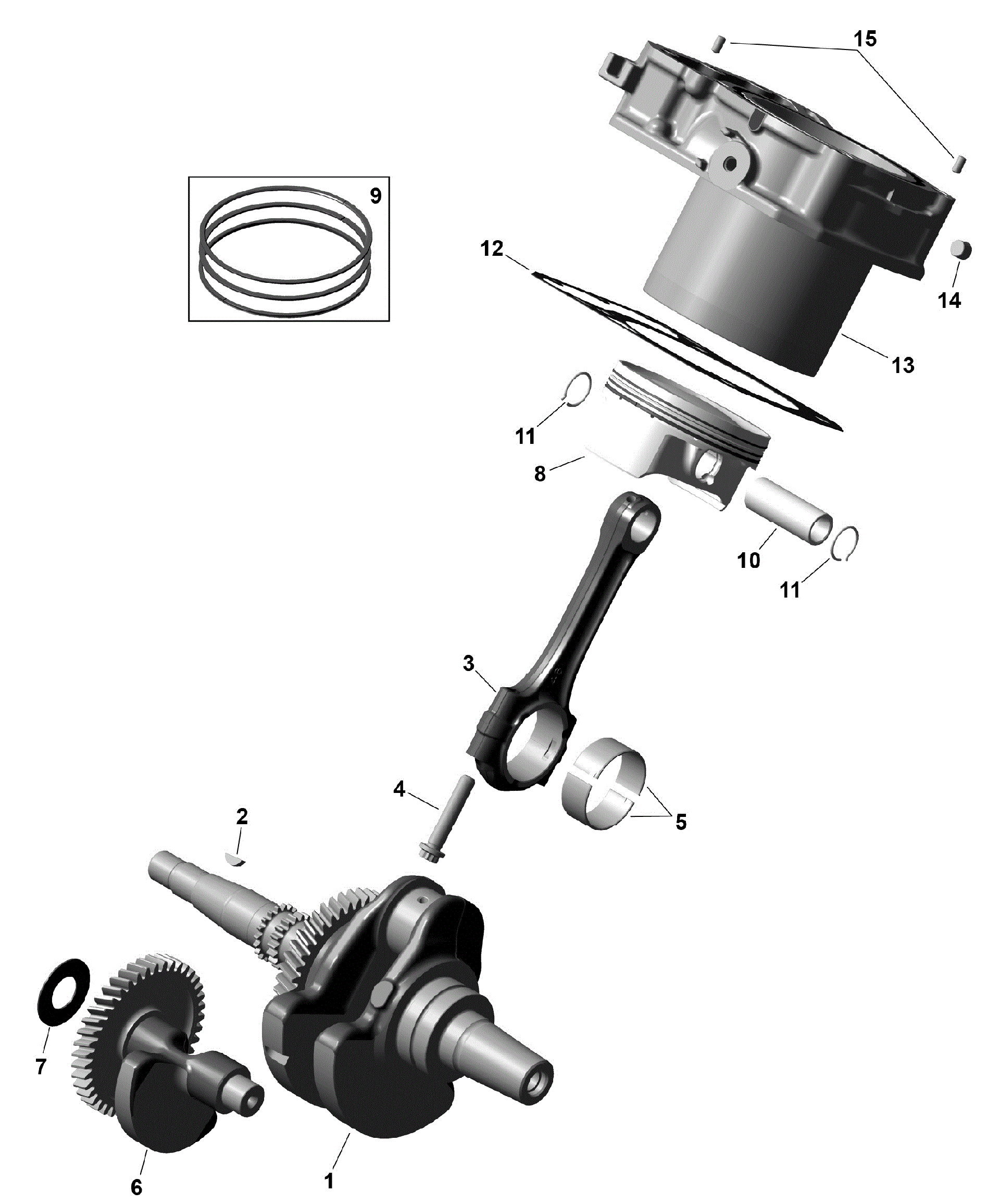 An Image of a Genuine Can-Am Parts Schematic Diagram showing the schematic - ROTAX - CRANKSHAFT PISTONS AND CYLINDER