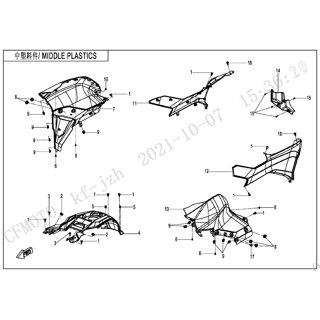An Image of a genuine CFMOTO Parts Schematic Diagram showing the group - MIDDLE PLASTICS - 2023 CFMOTO CFORCE 600