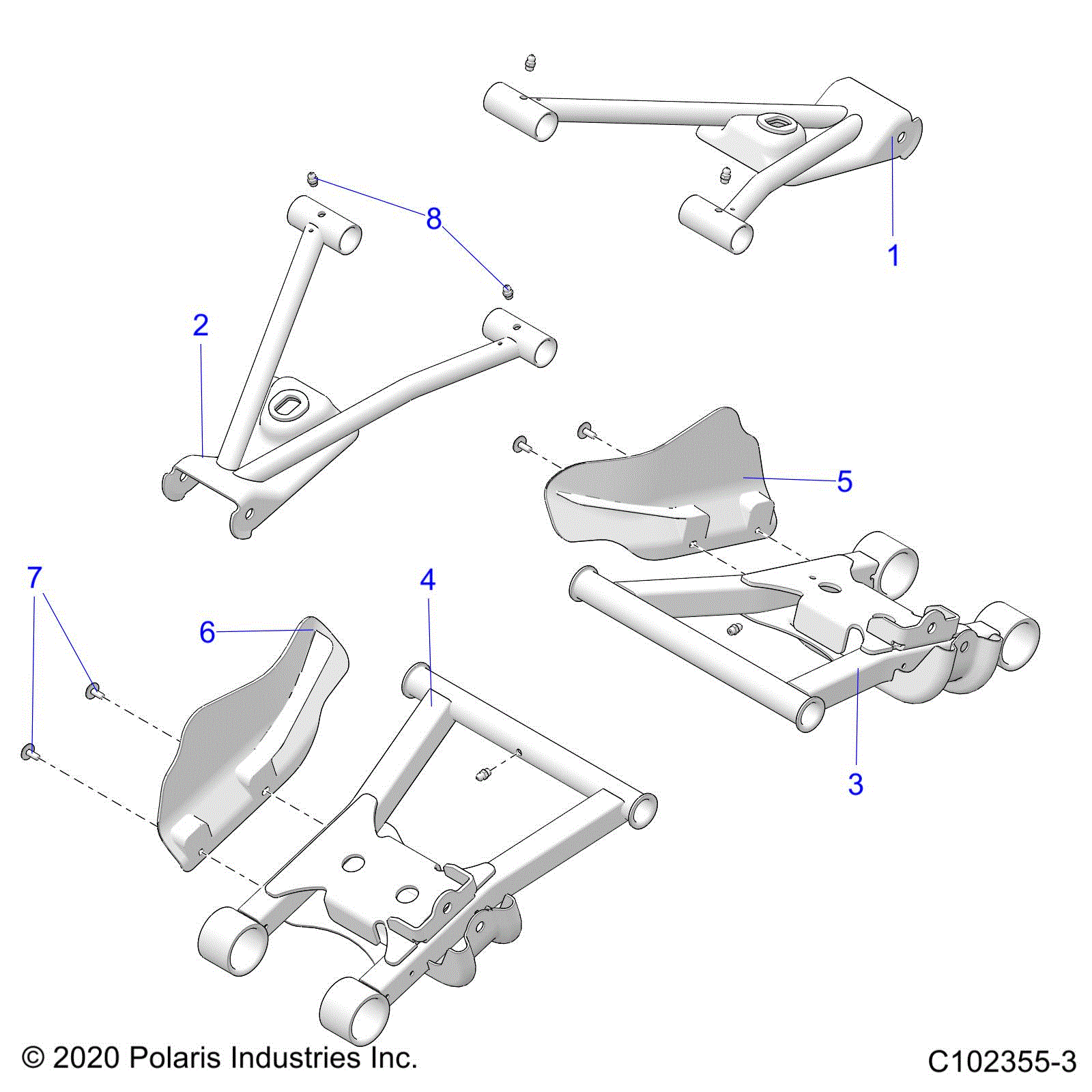 An Image of a Genuine Polaris Parts Schematic Diagram showing the schematic - SUSPENSION: REAR CONTROL ARMS - 2021 POLARIS SPORTSMAN 570 6X6
