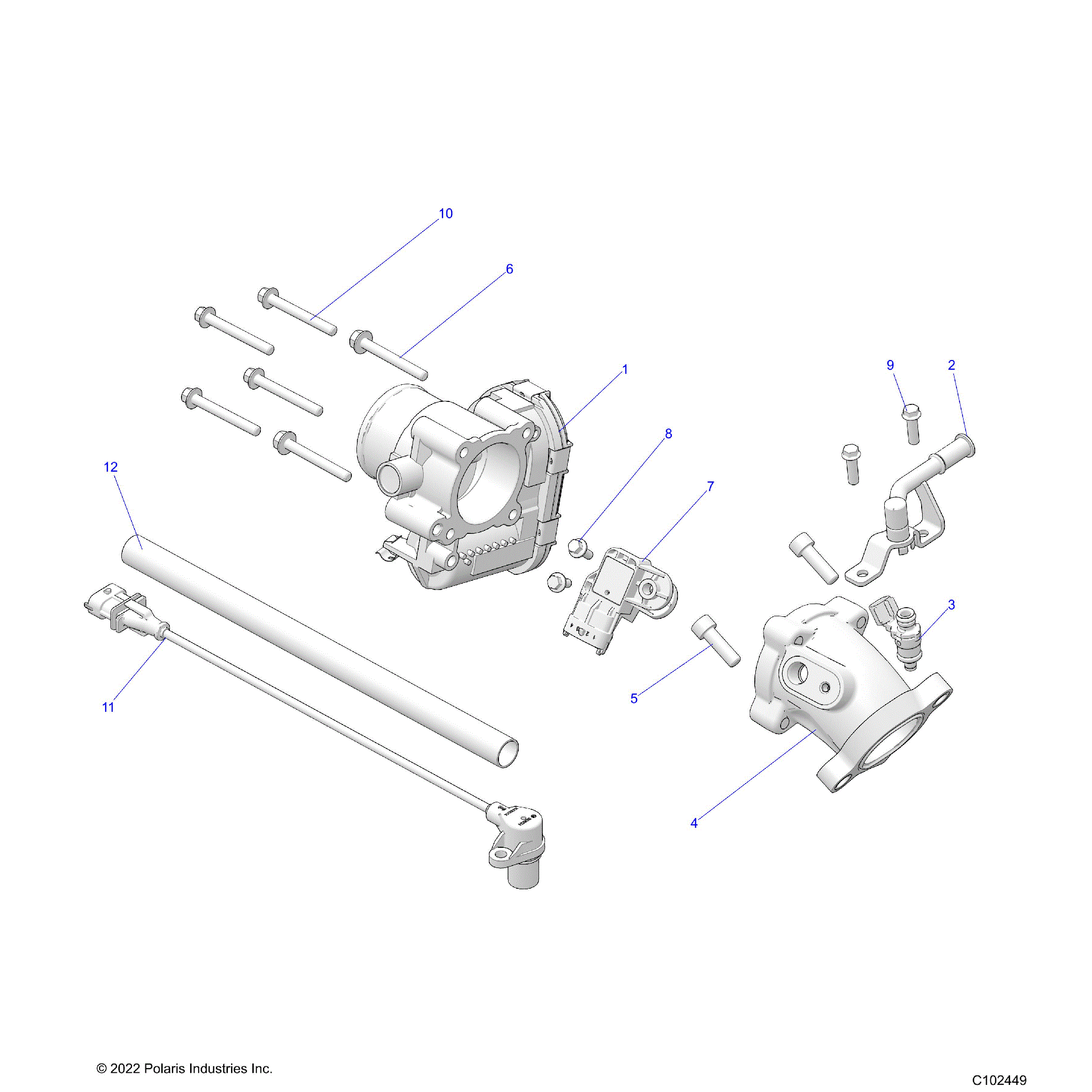 An Image of a Genuine Polaris Parts Schematic Diagram showing the schematic - ENGINE: THROTTLE BODY and FUEL RAIL - 2023 POLARIS SPORTSMAN 570 UTILITY LE
