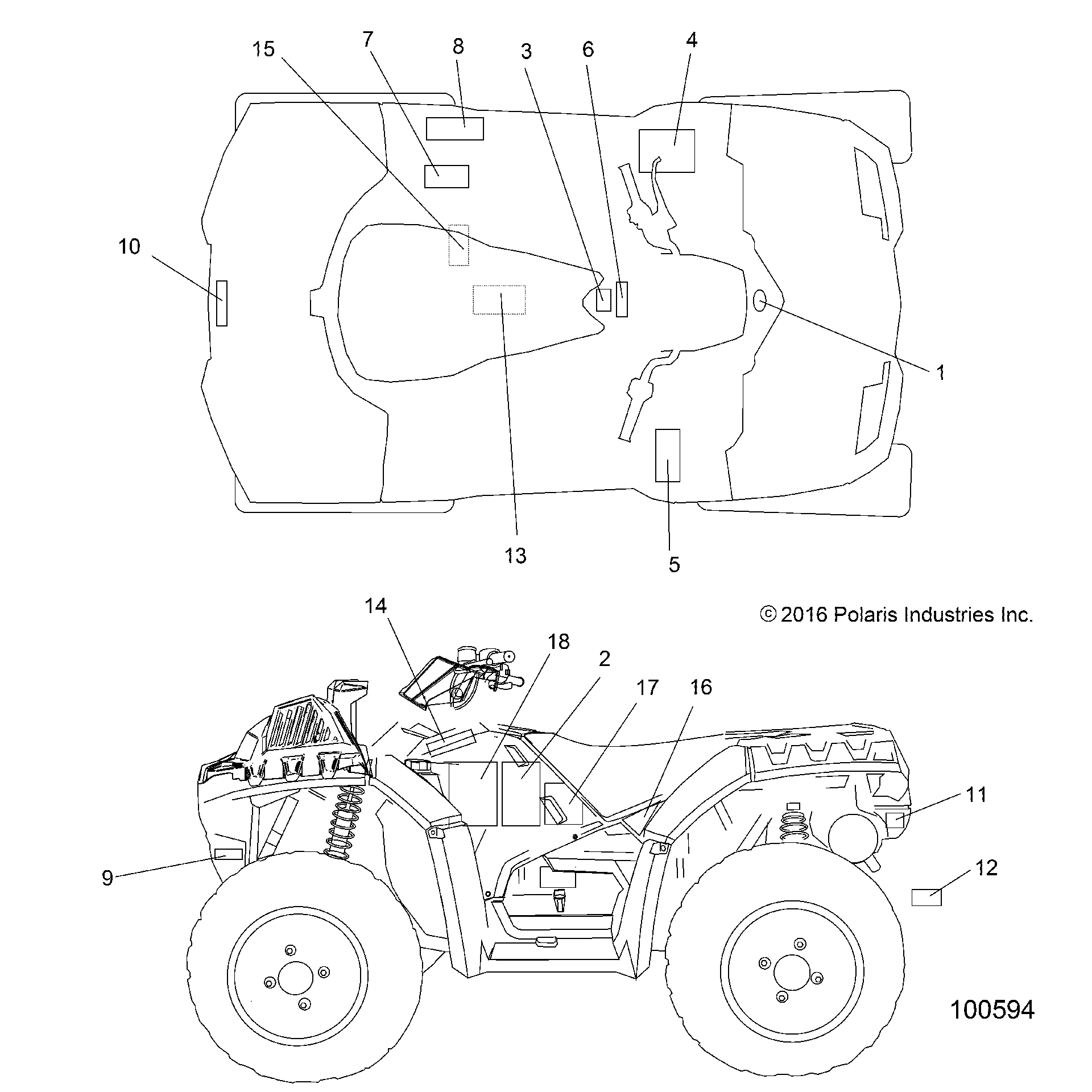 An Image of a Genuine Polaris Parts Schematic Diagram showing the schematic - BODY: DECALS - 2017 POLARIS SPORTSMAN 850 HIGH LIFTER