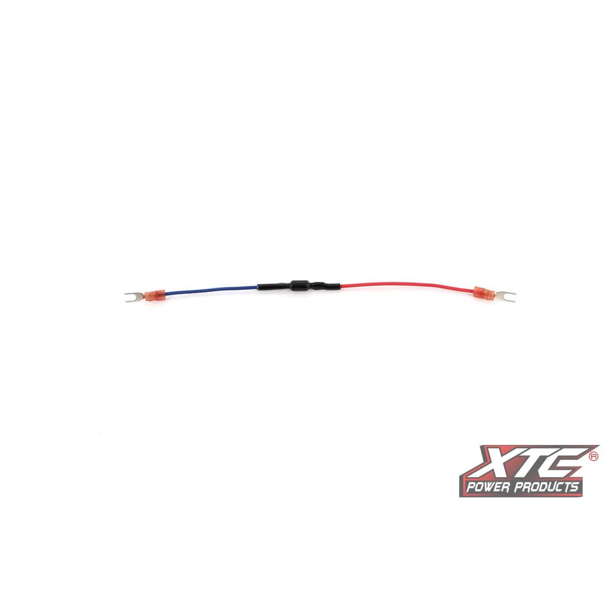 The 5 Amp In Line Strobe Diode by XTC Power features a central black component with a blue wire on the left and red on the right, each ending in metal fork terminals—perfect for Switch System use. XTC Power Products logo is at the bottom right.