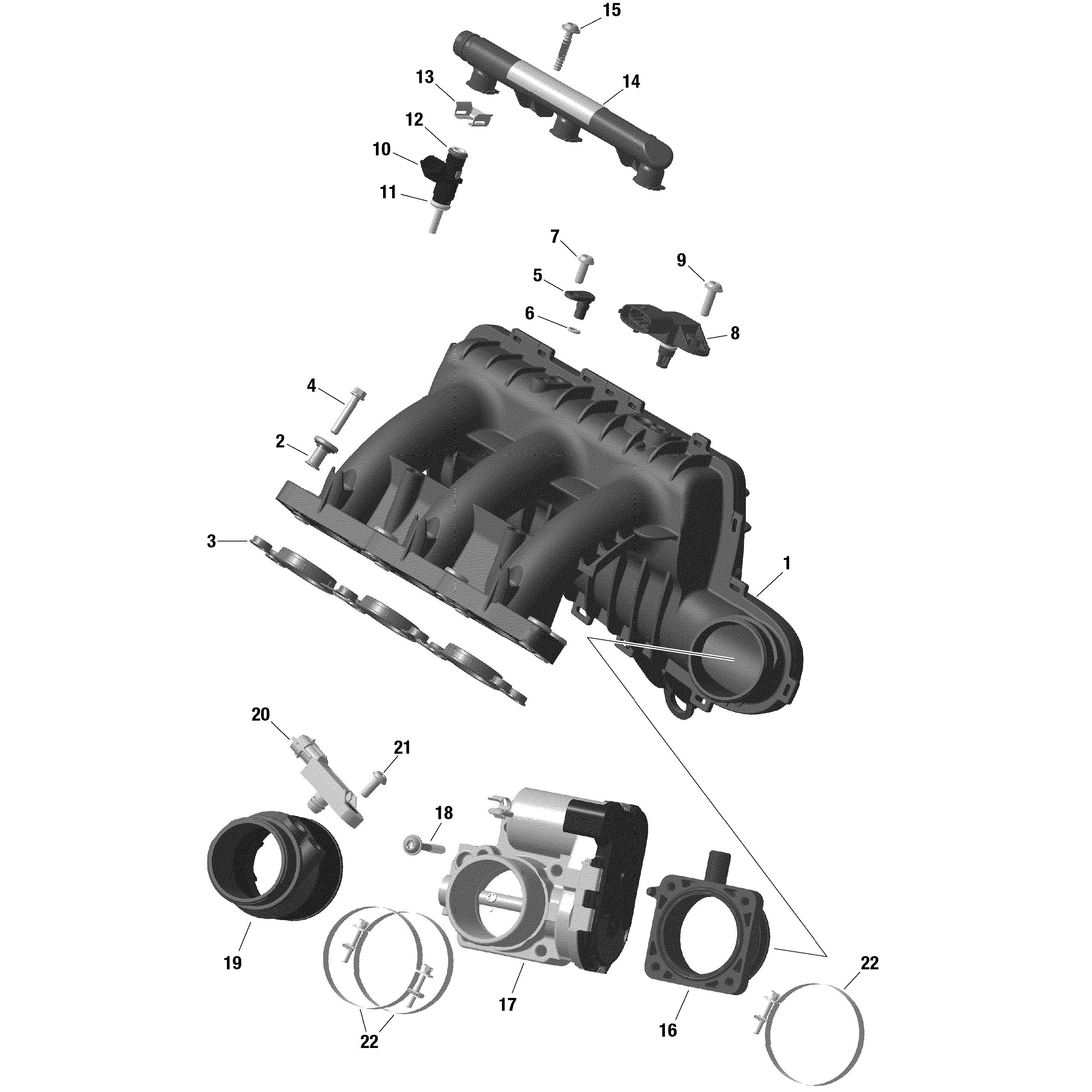 An Image of a Genuine Can-Am Parts Schematic Diagram showing the schematic - ROTAX - AIR INTAKE MANIFOLD AND THROTTLE BODY - TURBO