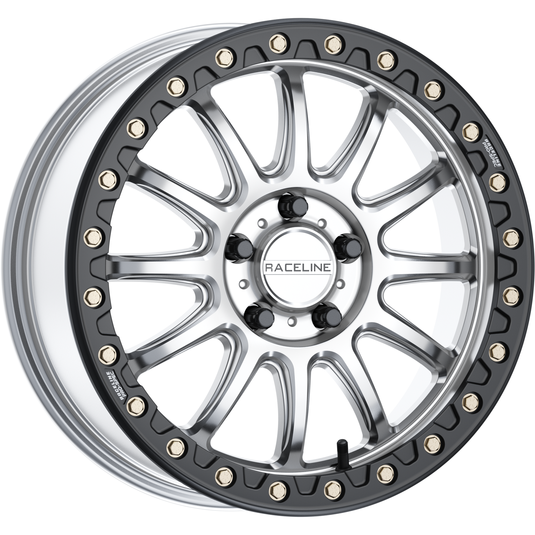 The Raceline ATV/UTV Alpha Beadlock 17X7 5/4.5 (+40mm) in silver and black features a multi-spoke design, gold bolts, “RACELINE” branding, and a durable A356 aluminum build—perfect for Polaris RZR R applications.