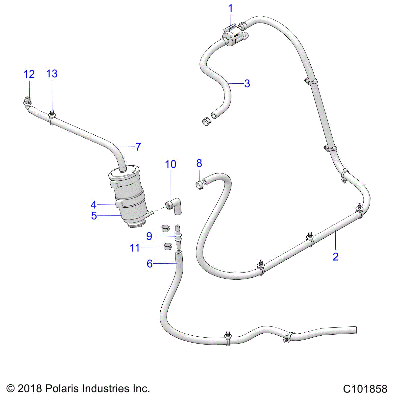 An Image of a Genuine Polaris Parts Schematic Diagram showing the schematic - BODY: FUEL TANK EVAP - 2019 POLARIS ACE 150 EFI INDY