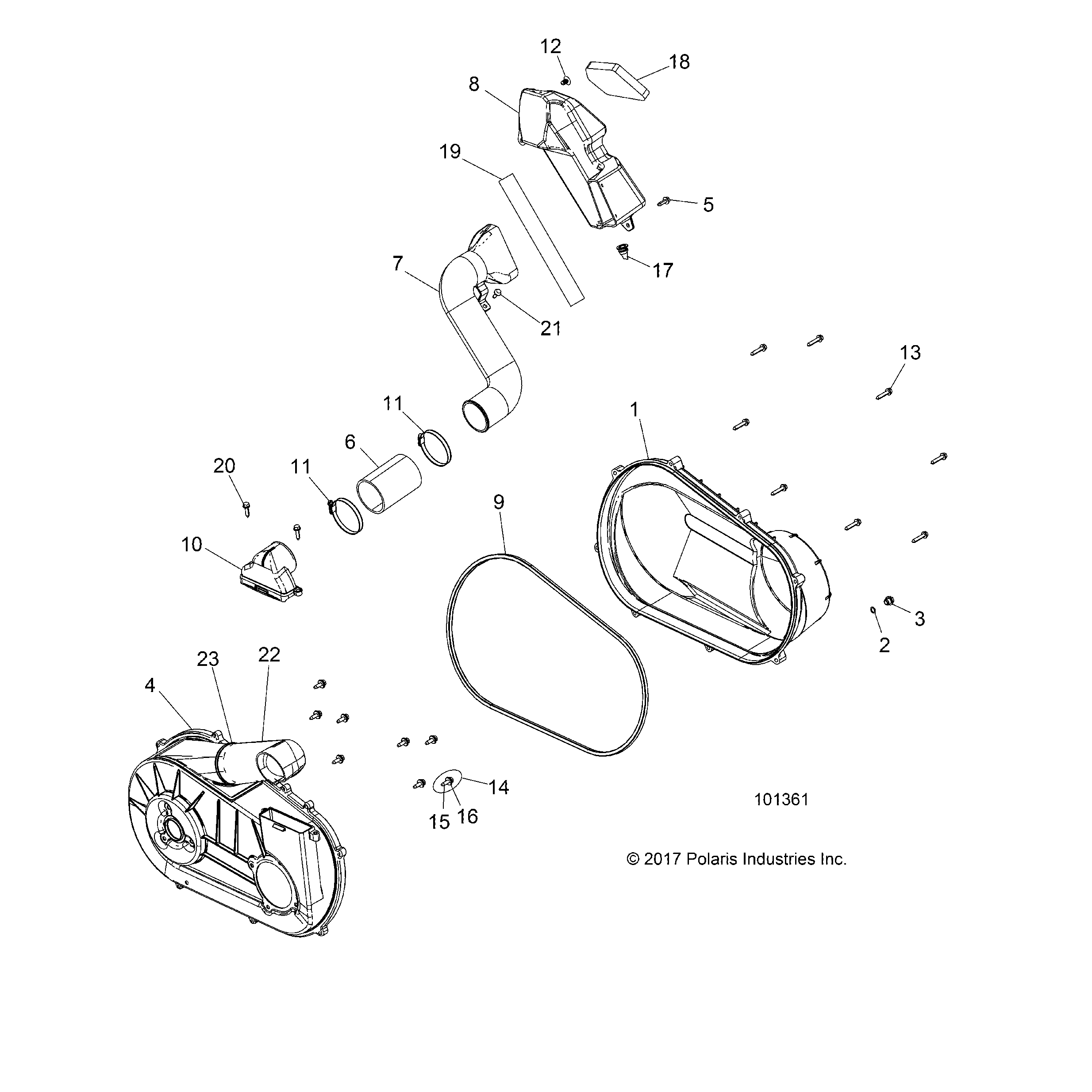 An Image of a Genuine Polaris Parts Schematic Diagram showing the schematic - DRIVE TRAIN: CLUTCH COVER AND DUCTING - 2018 POLARIS ACE 500 SOHC