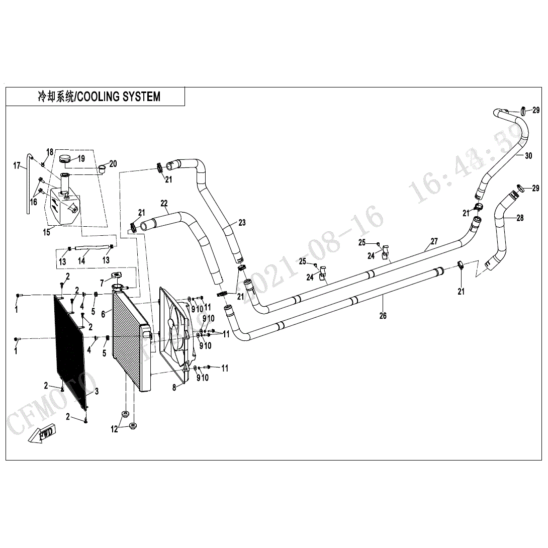 An Image of a Genuine CFMOTO Parts Schematic Diagram showing the schematic - COOLING SYSTEM - 2023 CFMOTO UFORCE 1000