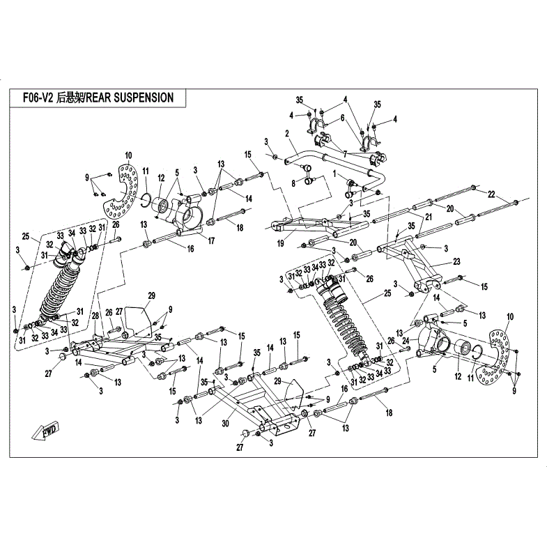 An Image of a Genuine CFMOTO Parts Schematic Diagram showing the schematic - REAR SUSPENSION - 2018 CFMOTO ZFORCE 1000