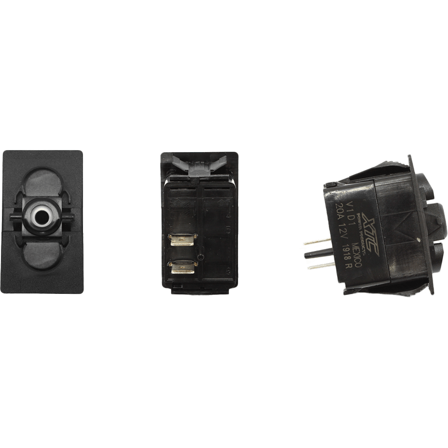 Three views of the Dash Switch Body Momentary No Led By XTC Power: front view shows switch button, back view shows metal terminals, and side view displays product label, specs, and Ignition Protection for UTV Wiring Solutions.