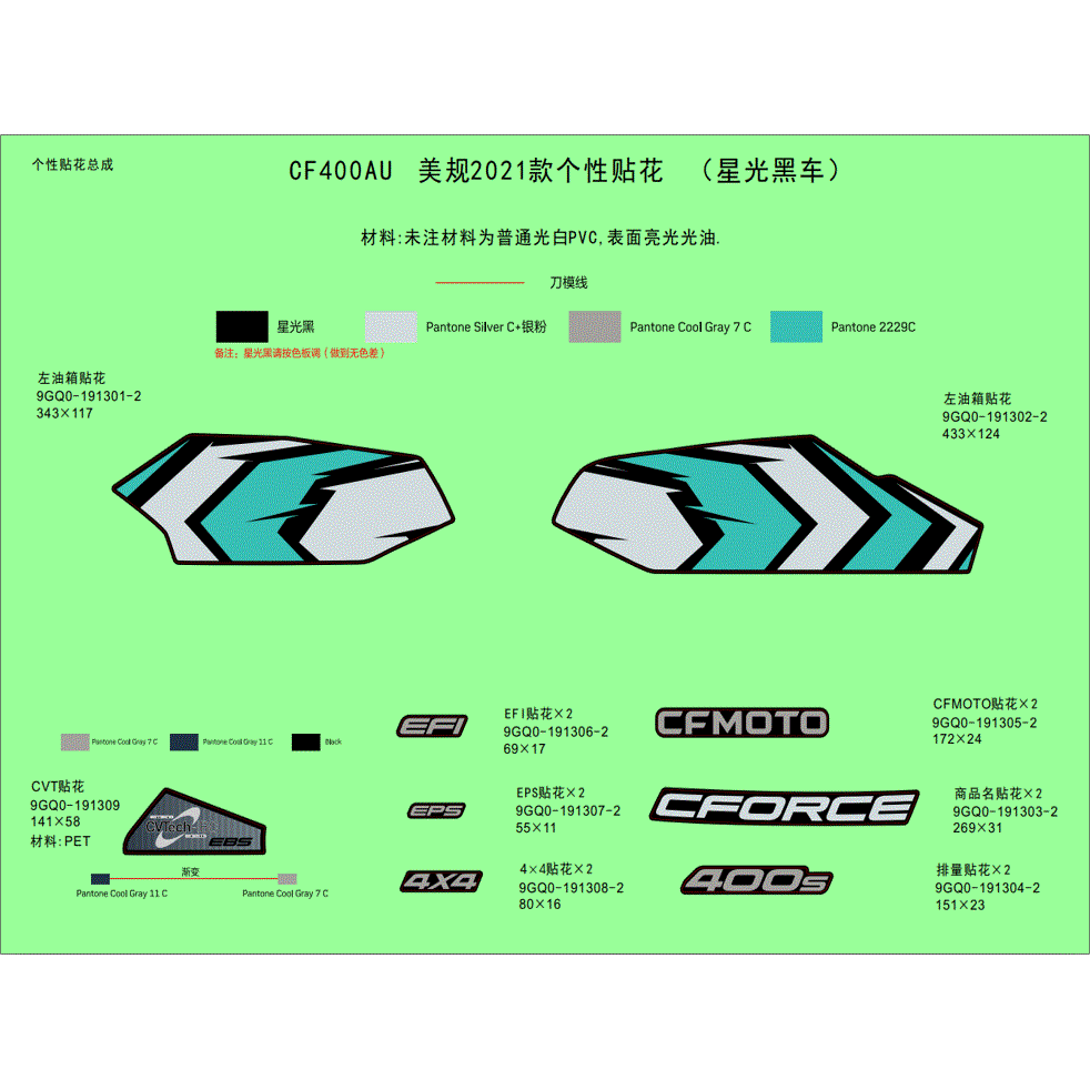An Image of a genuine CFMOTO Parts Schematic Diagram showing the group - DECAL KIT (NEBULA BLACK) - 2022 CFMOTO CFORCE 400