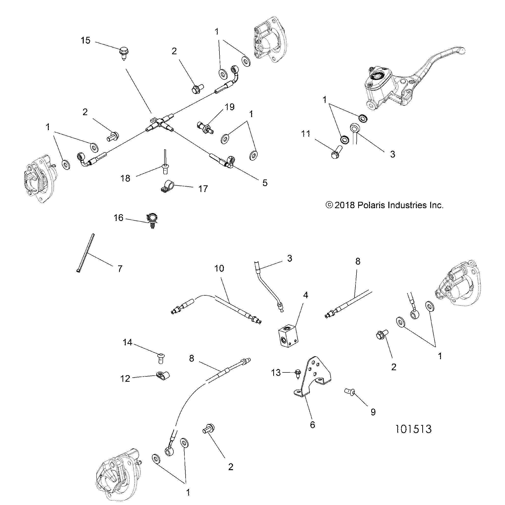 An Image of a Genuine Polaris Parts Schematic Diagram showing the schematic - BRAKES: BRAKE LINES - 2019 POLARIS SPORTSMAN TOURING XP 1000