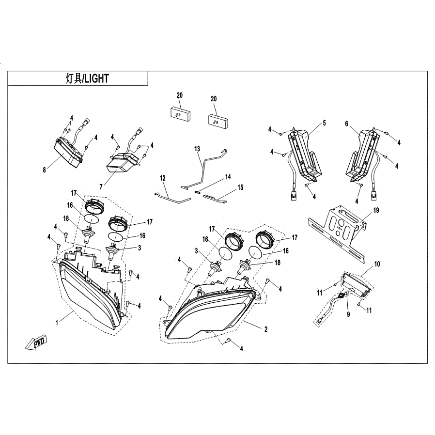 An Image of a Genuine CFMOTO Parts Schematic Diagram showing the schematic - LIGHT - 2019 CFMOTO UFORCE 800