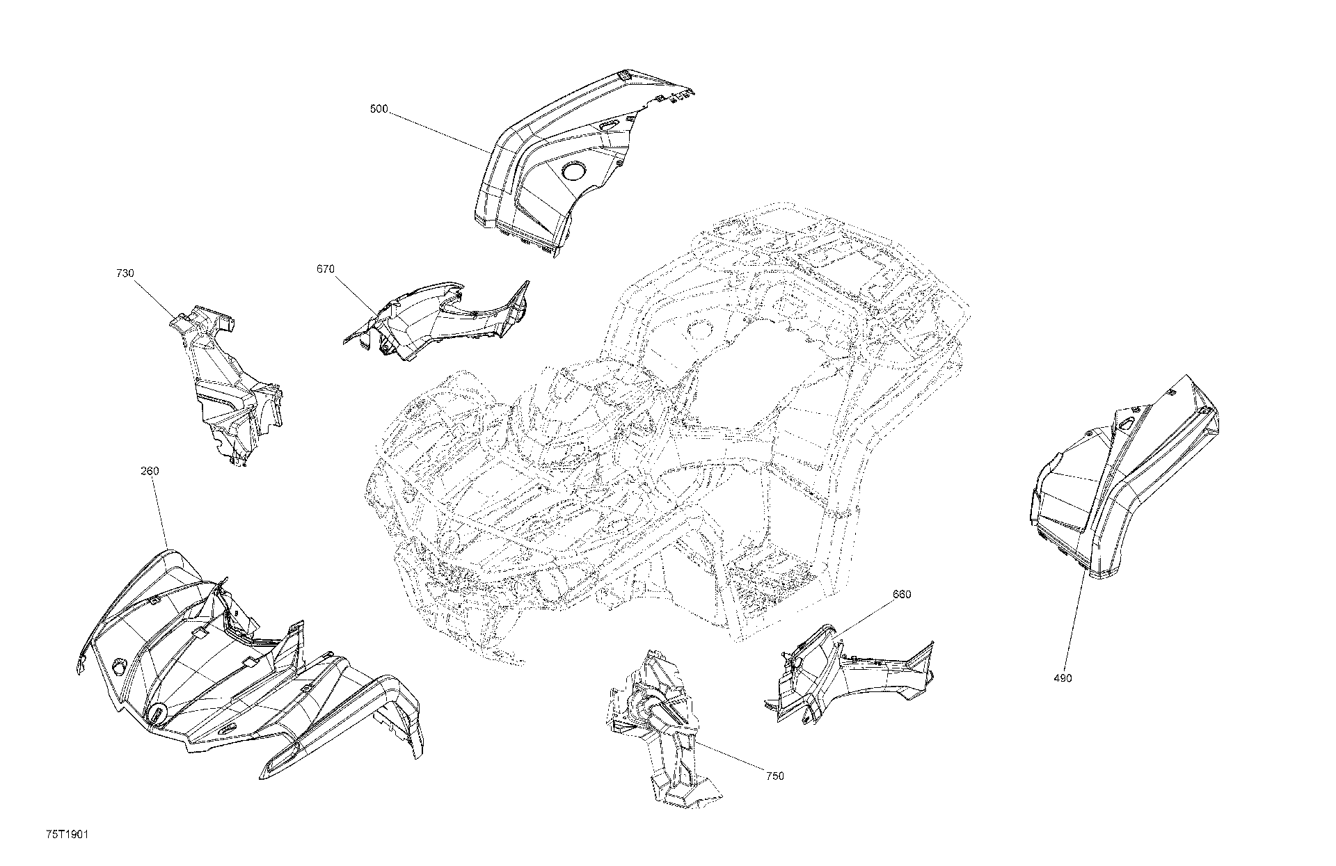An Image of a Genuine Can-Am Parts Schematic Diagram showing the schematic - FENDER AND CENTRAL PANEL KIT - 570 EFI