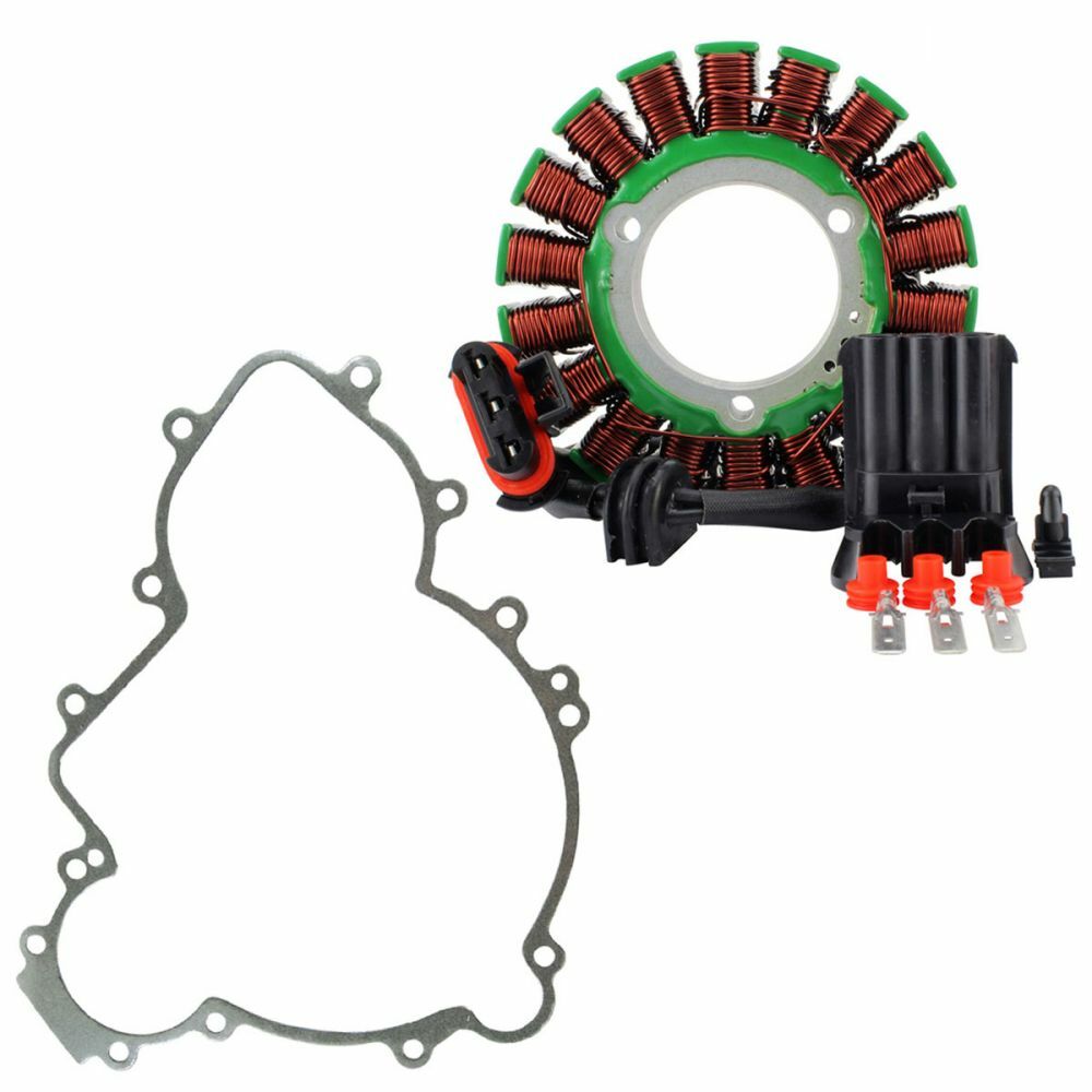 Green and copper stator coil with attached black wiring harness and irregularly shaped gray metal gasket.