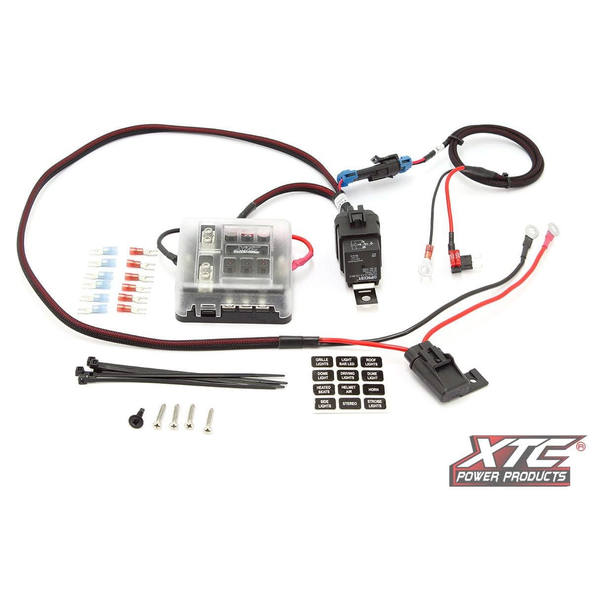 The Plug N Play Keyed Fuse Box 35 Amp Circuit Roxor by XTC Power includes cables, a fuse box, relay, terminal connectors, fuses, zip ties, screws, and labeled stickers—ideal for keyed power setups.