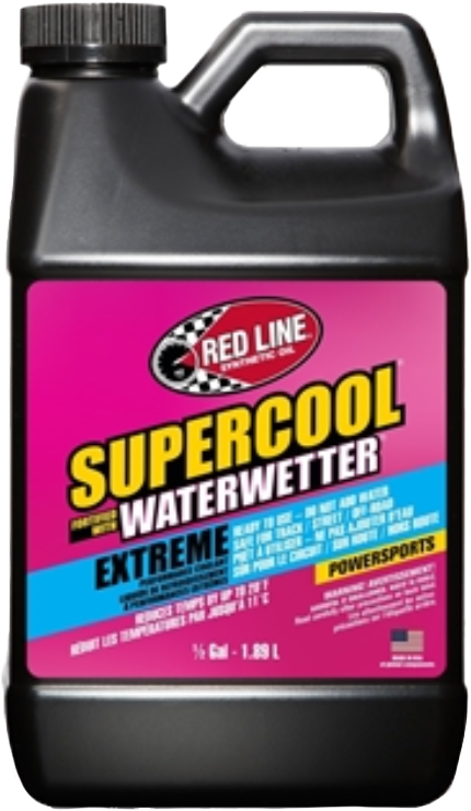 A black plastic 1/2-gal (1.89 L) bottle with a handle labeled Supercool Water Wetter Coolant by Red Line, featuring a pink and yellow design. This coolant is ideal for motorcycles and reduces temperatures better than standard antifreeze.