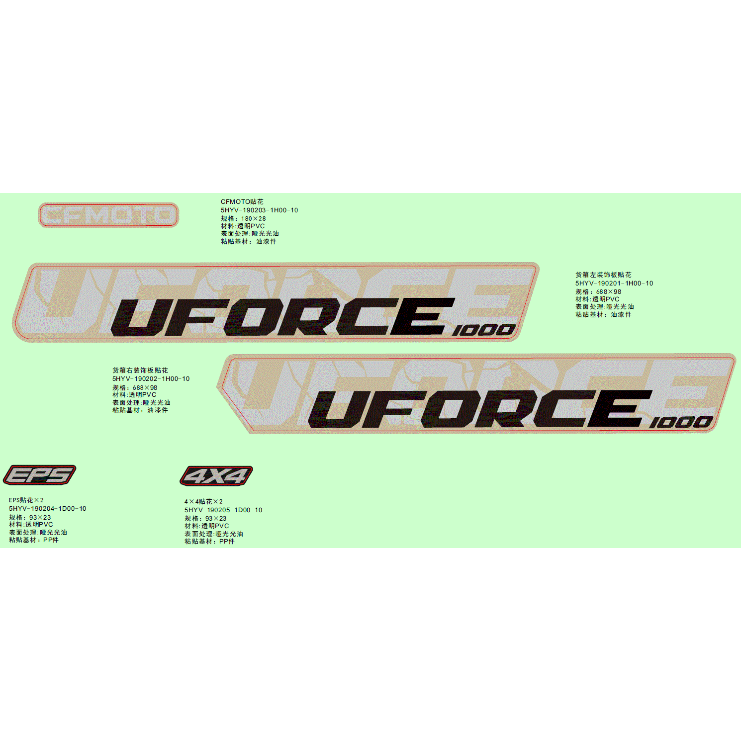 An Image of a Genuine CFMOTO Parts Schematic Diagram showing the schematic - DECAL KITS(INTERNATIONAL - 2024 CFMOTO UFORCE 1000
