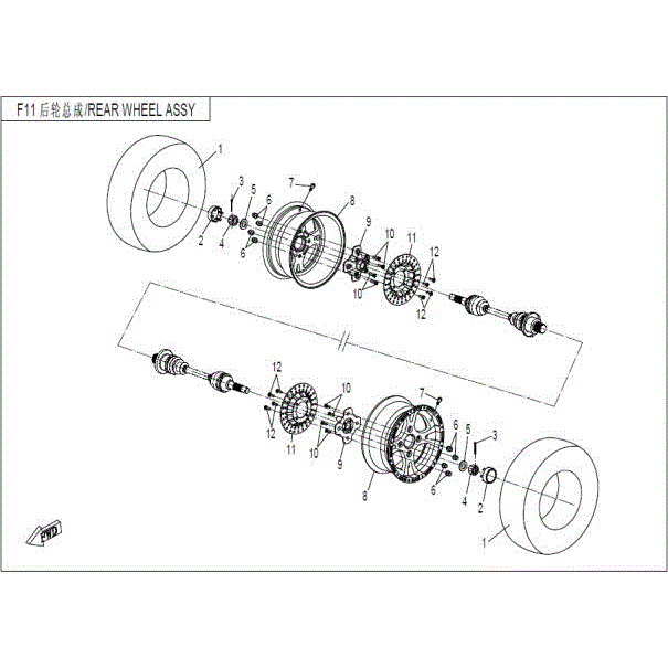 An Image of a Genuine CFMOTO Parts Schematic Diagram showing the schematic - REAR WHEEL ASSY - 2016 CFMOTO ZFORCE 800 EX