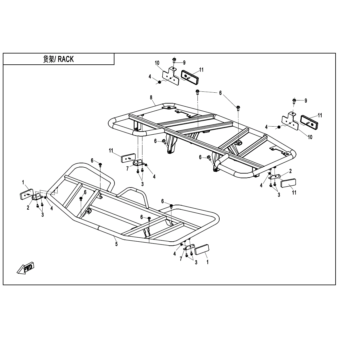 An Image of a genuine CFMOTO Parts Schematic Diagram showing the group - RACK (STEEL) - 2020 CFMOTO CFORCE 500 S
