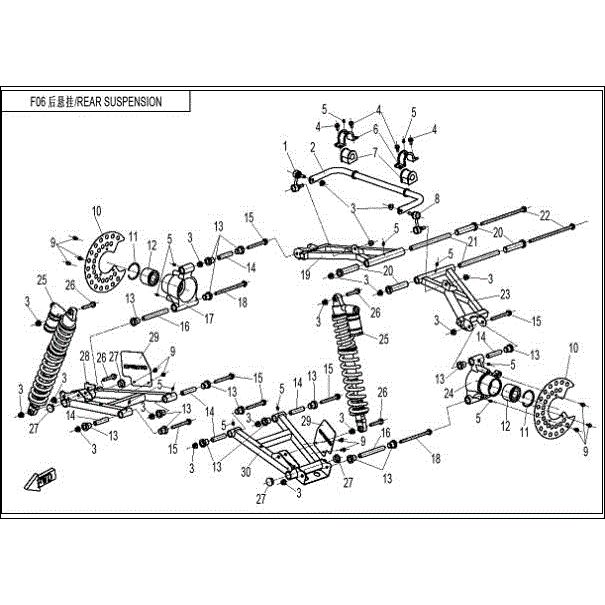An Image of a Genuine CFMOTO Parts Schematic Diagram showing the schematic - REAR SUSPENSION - 2015 CFMOTO ZFORCE 800 EX