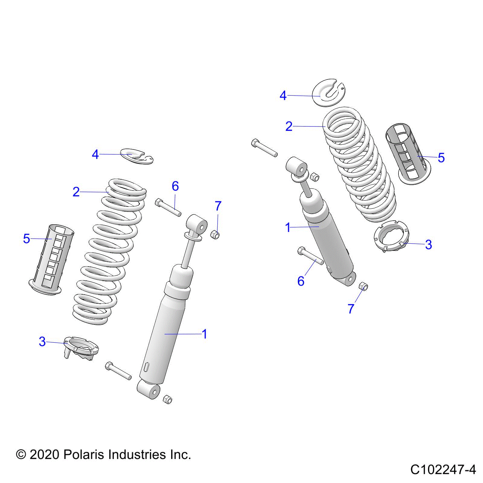 An Image of a Genuine Polaris Parts Schematic Diagram showing the schematic - SUSPENSION: MIDDLE SHOCKS and MOUNTING - 2024 POLARIS SPORTSMAN 570 6X6