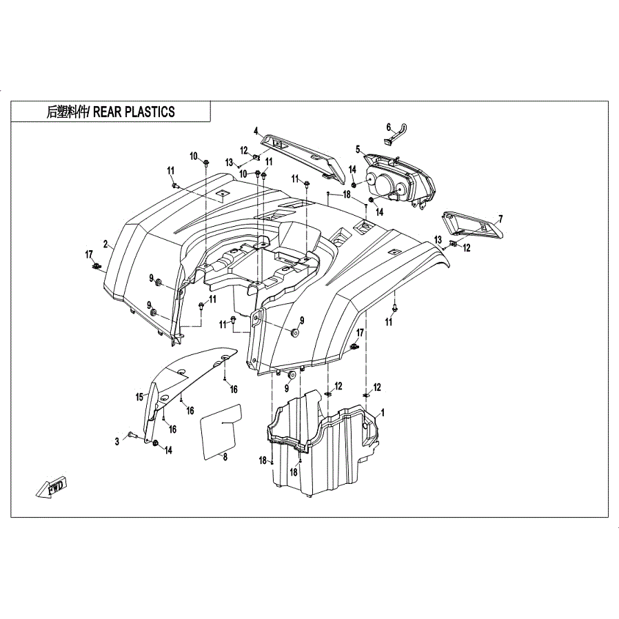 An Image of a genuine CFMOTO Parts Schematic Diagram showing the group - REAR PLASTICS - 2019 CFMOTO CFORCE 400