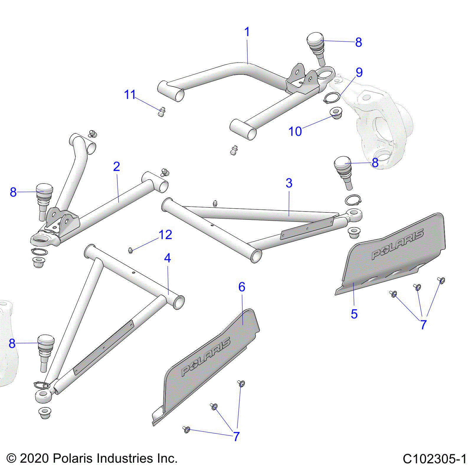 An Image of a Genuine Polaris Parts Schematic Diagram showing the schematic - SUSPENSION: A-ARM and STRUT MOUNTING - 2023 POLARIS SPORTSMAN TOURING 570