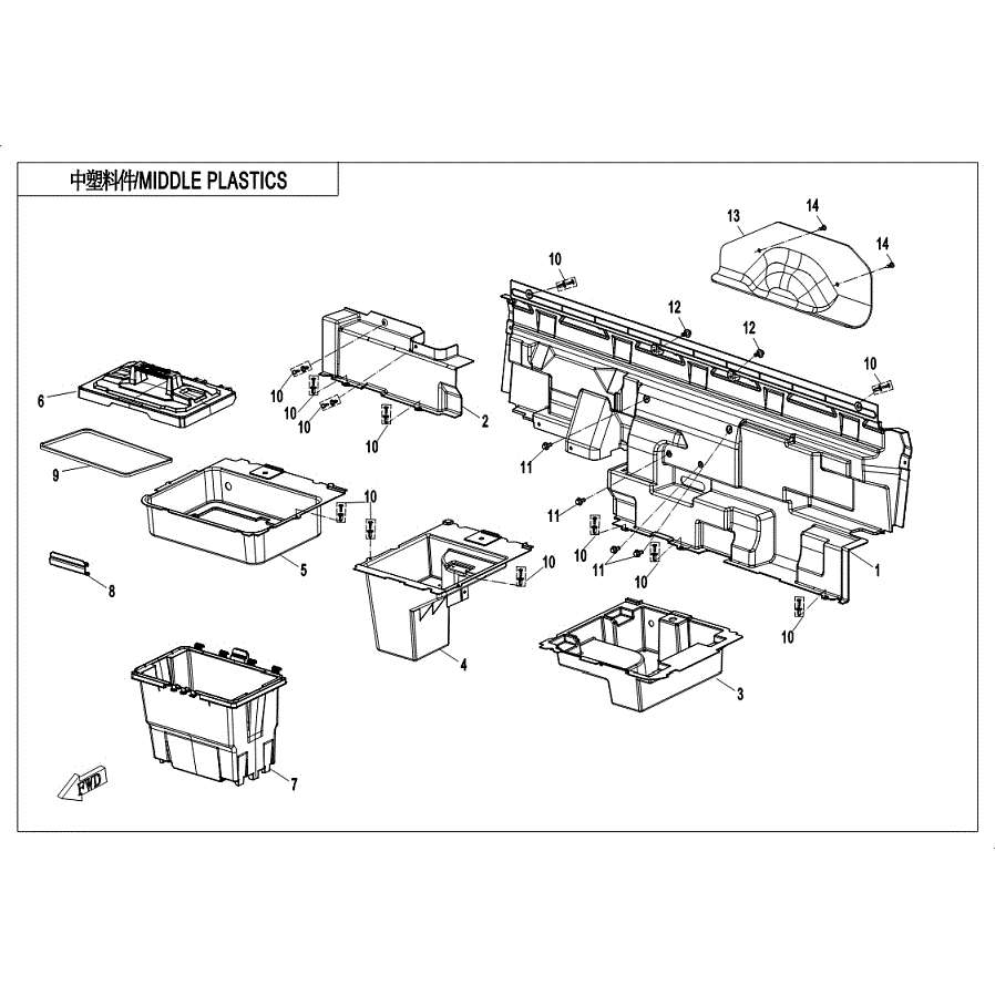 An Image of a Genuine CFMOTO Parts Schematic Diagram showing the schematic - MIDDLE PLASTICS - 2019 CFMOTO UFORCE 1000