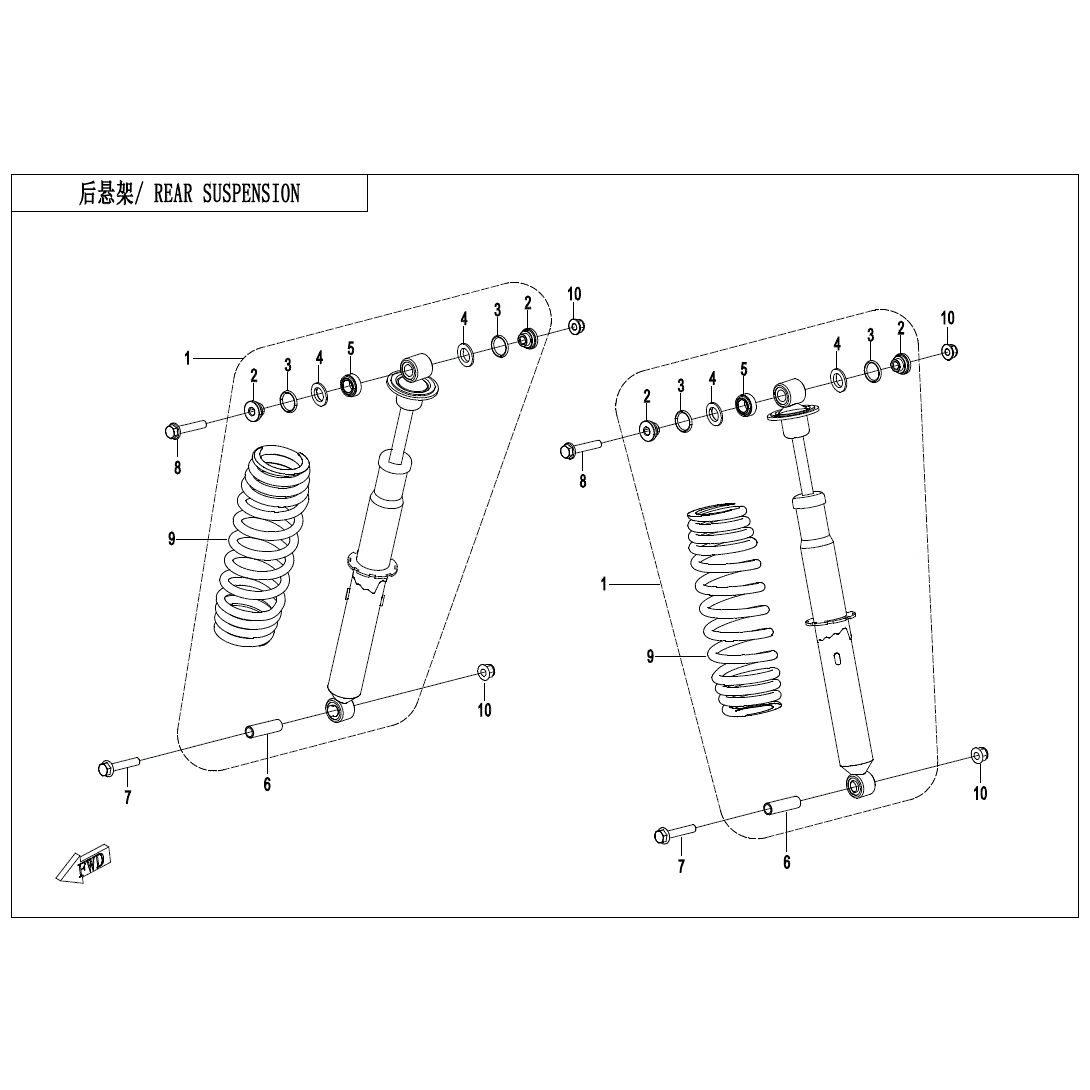 An Image of a Genuine CFMOTO Parts Schematic Diagram showing the schematic - REAR SHOCK ABSORBER - 2025 CFMOTO ZFORCE 800 Trail