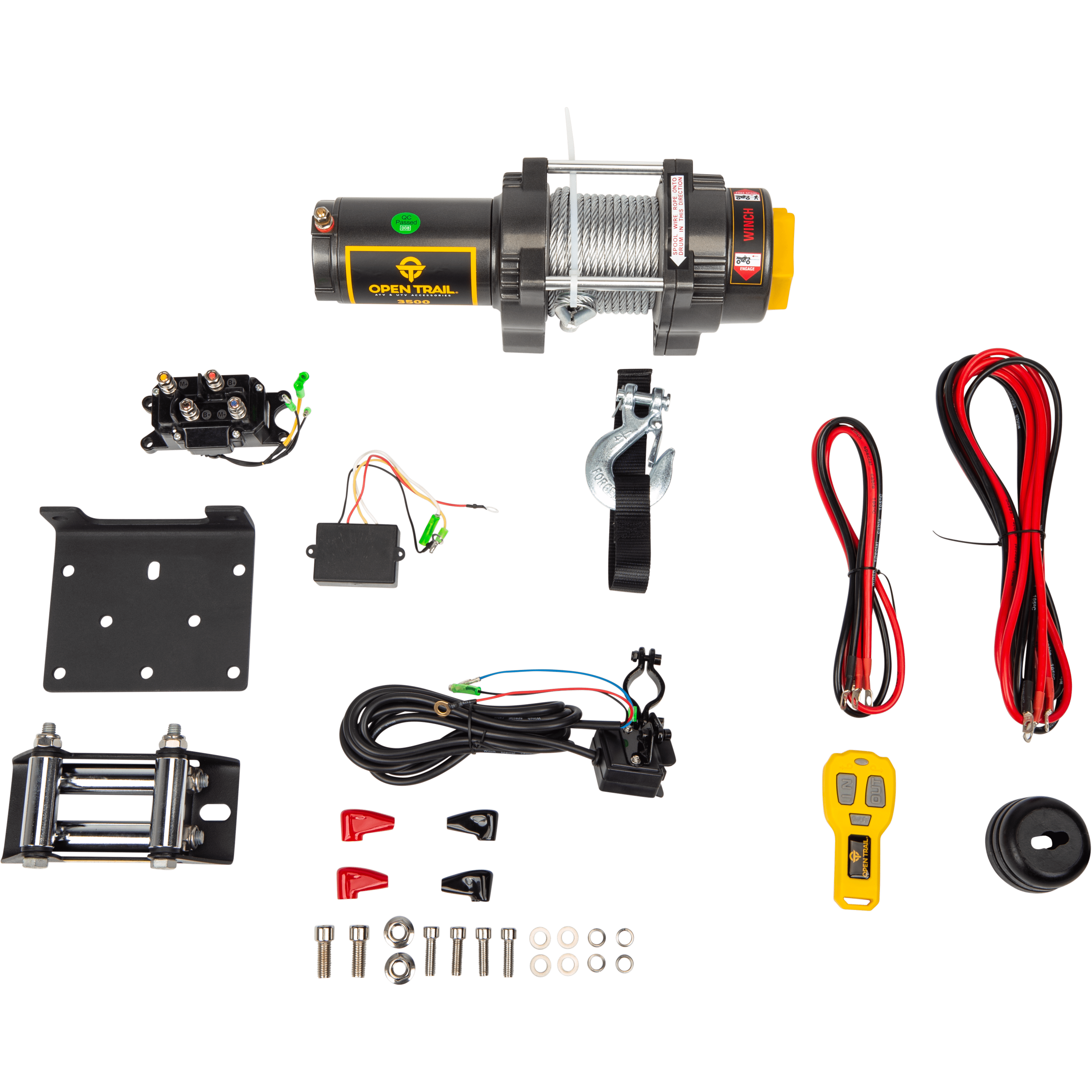 The 3500 lb. UTV/ATV Winch W/ Wire Rope by Open Trail includes an electric motor, steel cable, mounting plate, roller fairlead, wireless remote, wiring, bolts, and connectors displayed on a white background.