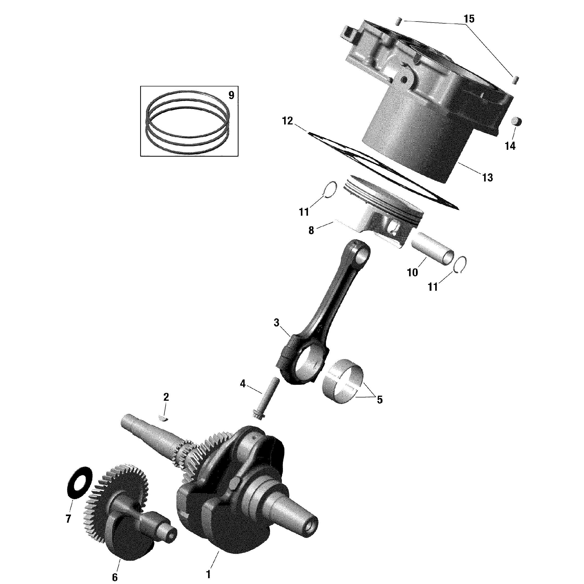 An Image of a Genuine Can-Am Parts Schematic Diagram showing the schematic - ROTAX - CRANKSHAFT PISTONS AND CYLINDER