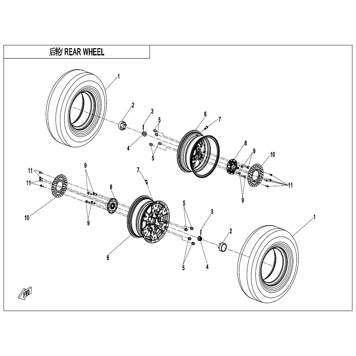 An Image of a Genuine CFMOTO Parts Schematic Diagram showing the schematic - REAR WHEEL - 2022 CFMOTO UFORCE 1000
