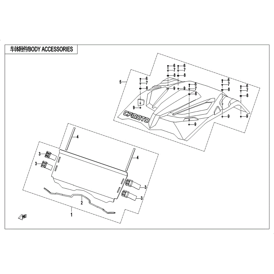 An Image of a Genuine CFMOTO Parts Schematic Diagram showing the schematic - BODY ACCESSORIES(2) - 2019 CFMOTO ZFORCE 500