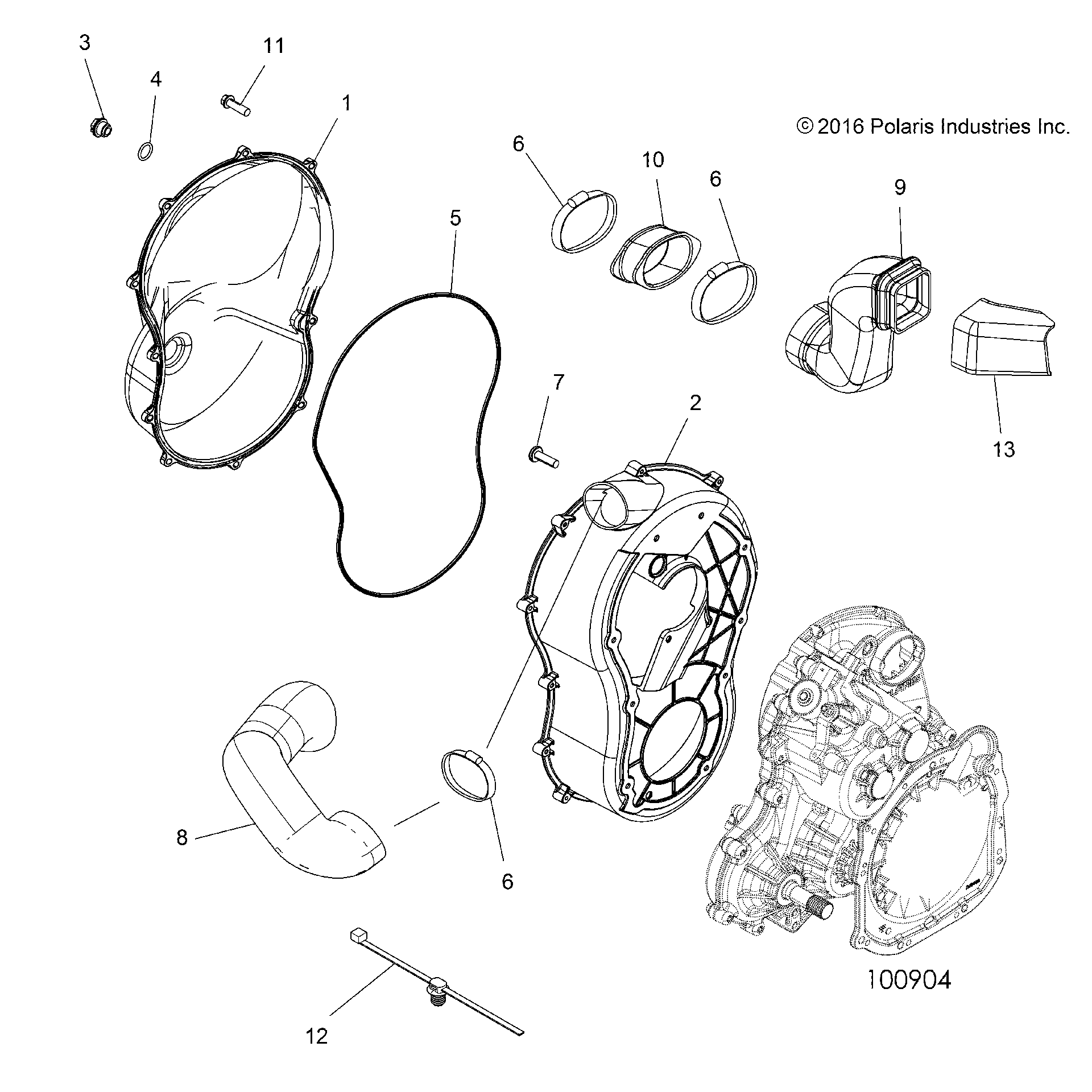 An Image of a Genuine Polaris Parts Schematic Diagram showing the schematic - BODY: CLUTCH COVER - 2019 POLARIS SPORTSMAN TOURING 850 SP