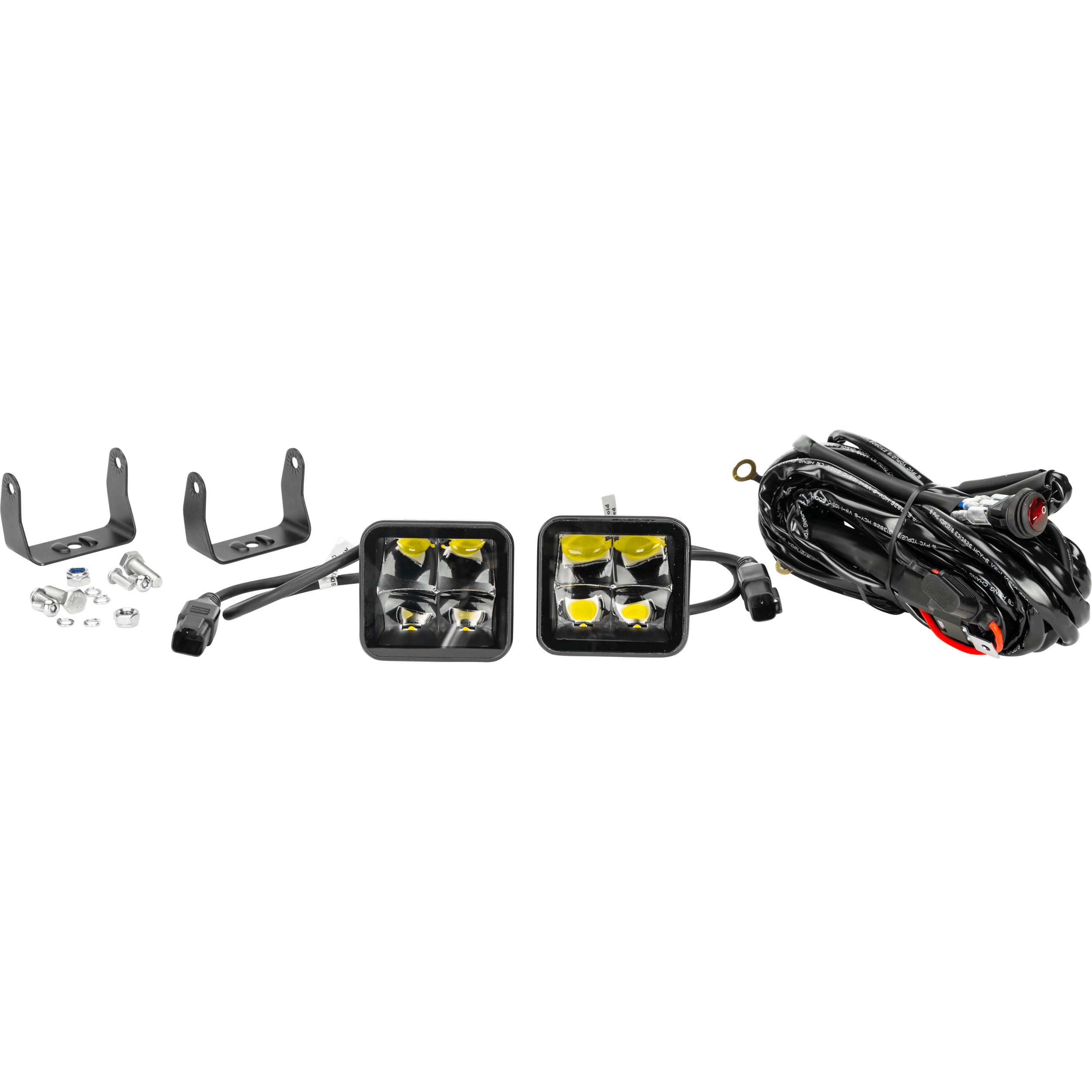 The Stealth Led Pods Spot by Open Trail includes high-intensity LED pods, mounting brackets, screws, nuts, washers, and a wiring harness with connectors—all shown on a white background. The waterproof design ensures reliable performance in any condition.