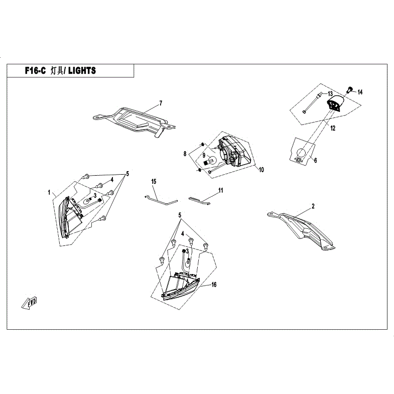 An Image of a genuine CFMOTO Parts Schematic Diagram showing the group - LIGHTS (USA - 2018 CFMOTO CFORCE 400