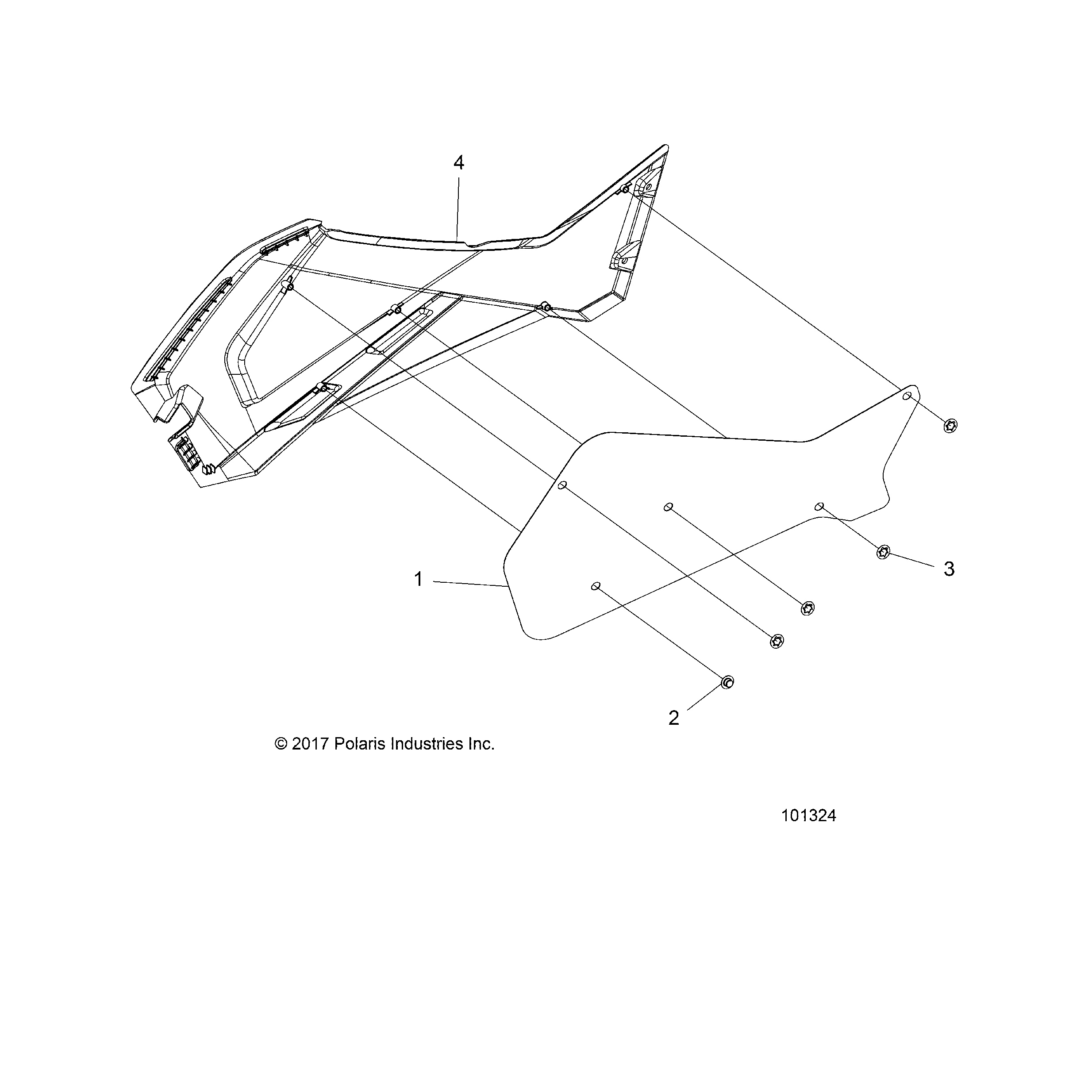 An Image of a Genuine Polaris Parts Schematic Diagram showing the schematic - BODY: RIGHT HAND SIDE PANEL HEAT SHIELD AND HARDWARE 2 UP - 2019 POLARIS SPORTSMAN TOURING 570 EFI/EPS
