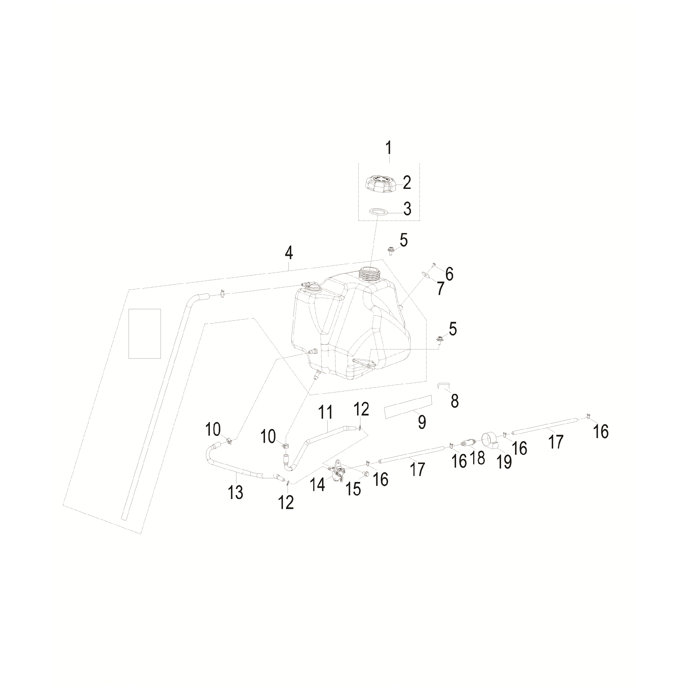 An Image of a Genuine Polaris Parts Schematic Diagram showing the schematic - BODY: FUEL TANK ASM. - 2018 POLARIS PHOENIX 200