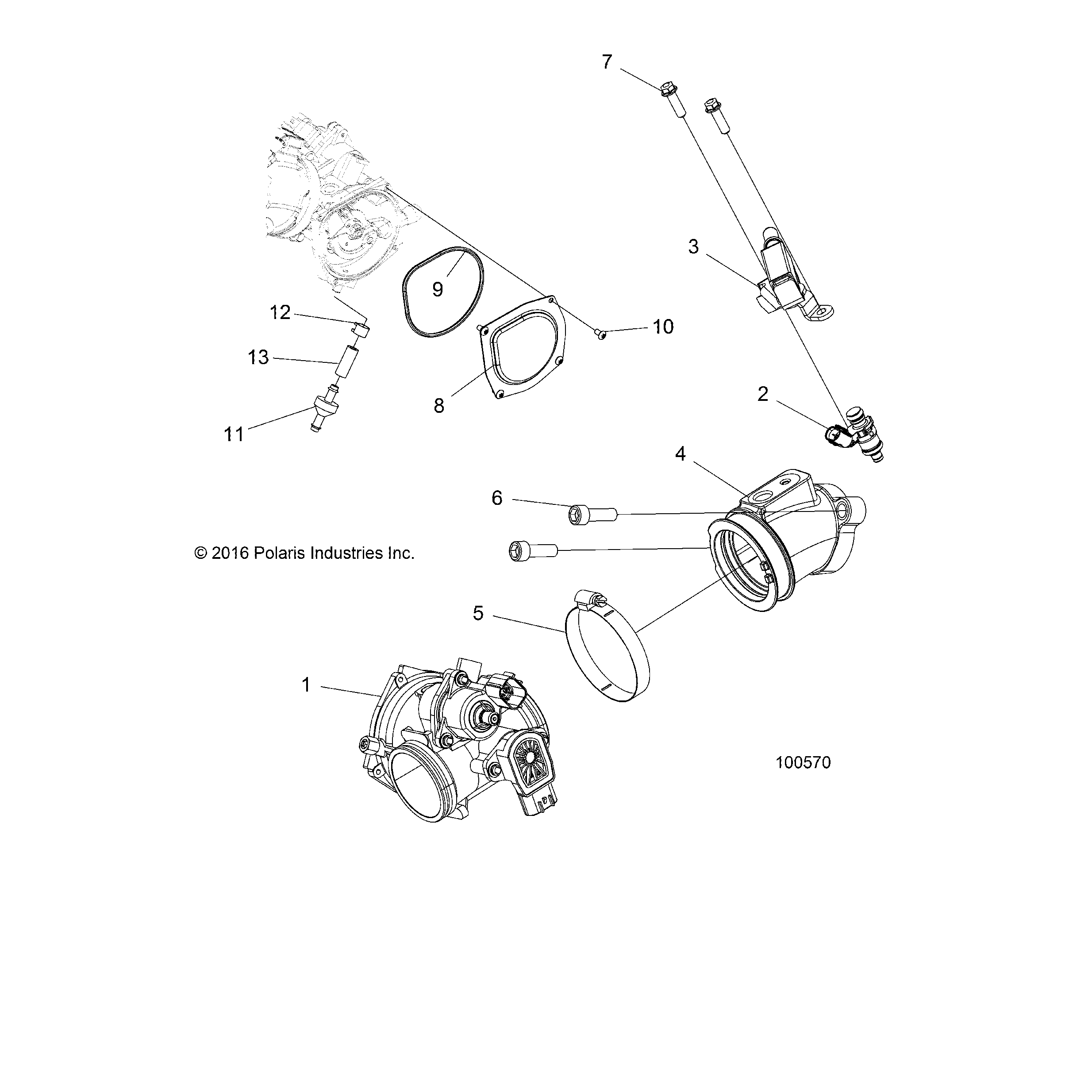 An Image of a Genuine Polaris Parts Schematic Diagram showing the schematic - ENGINE: THROTTLE BODY and FUEL RAIL - 2020 POLARIS SPORTSMAN 450 HO EPS