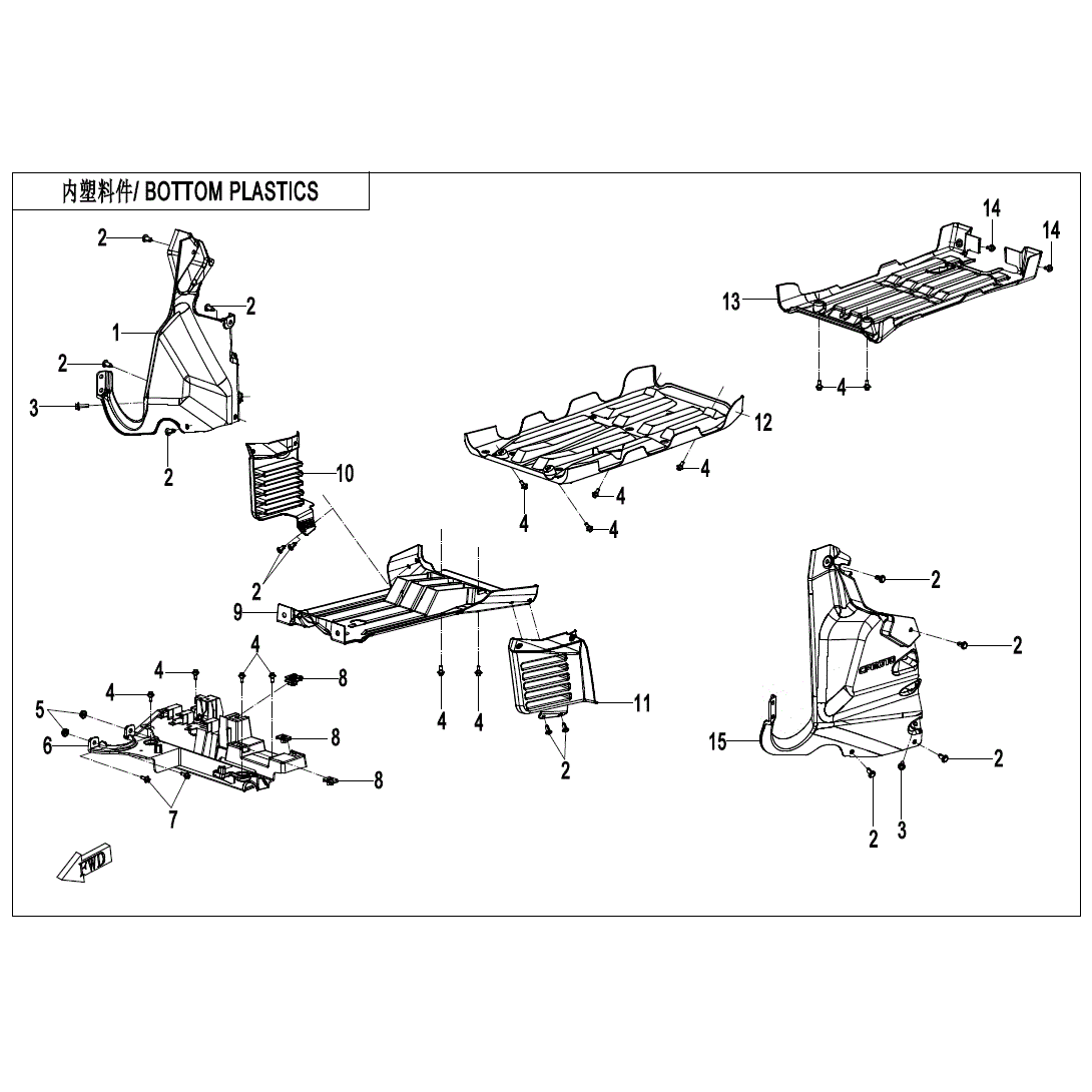 An Image of a genuine CFMOTO Parts Schematic Diagram showing the group - BOTTOM PLASTICS - 2021 CFMOTO CFORCE 600 Touring
