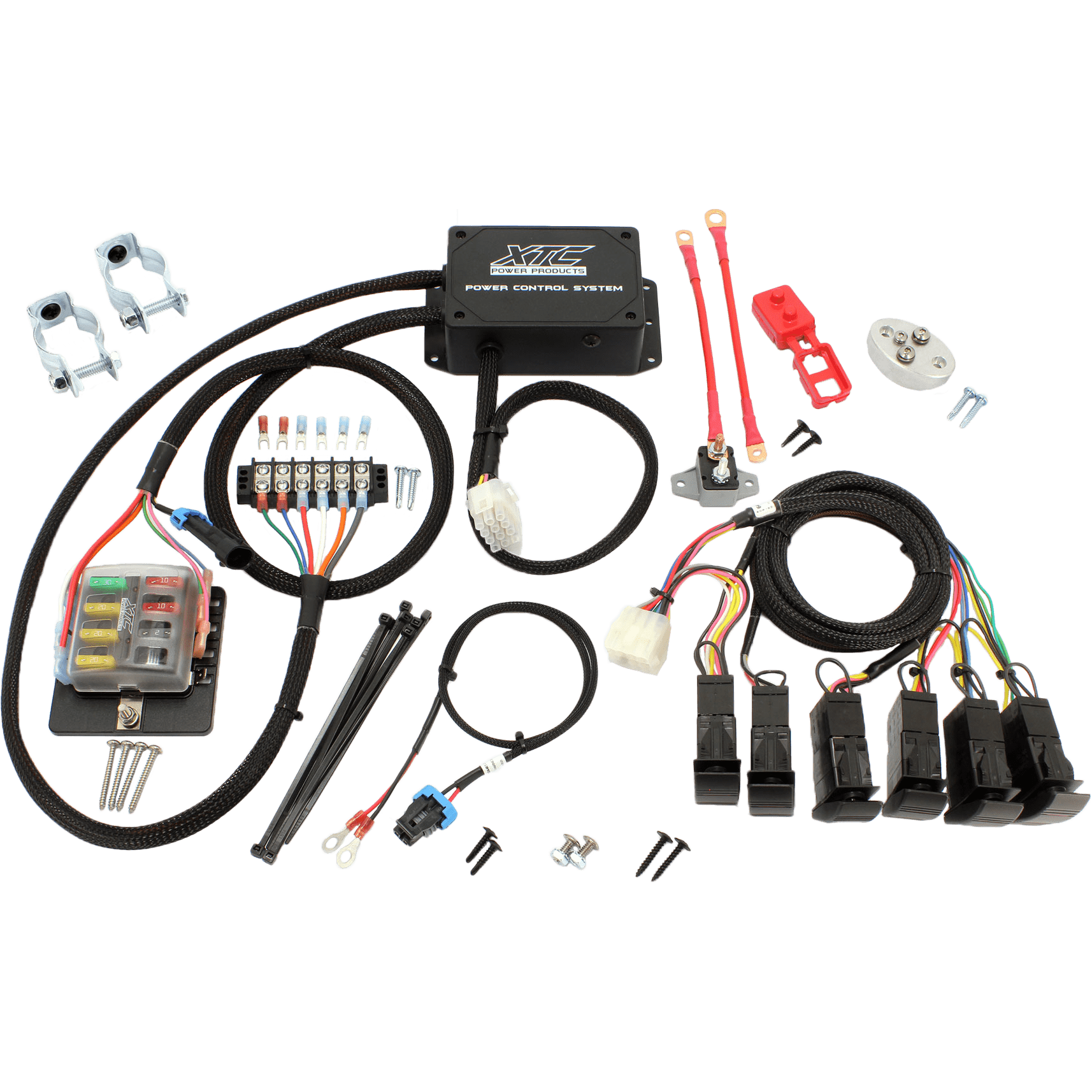The Plug N Play Power Control 6 Switch kit by XTC Power features a fuse block, multiple wires, fuses, relays, connectors, mounting brackets, and hardware—all neatly arranged on a white background.