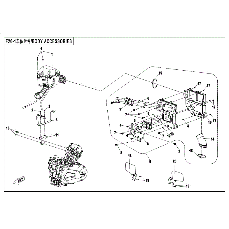 An Image of a Genuine CFMOTO Parts Schematic Diagram showing the schematic - BODY - ACCESSORIES 1 - 2018 CFMOTO UFORCE 500