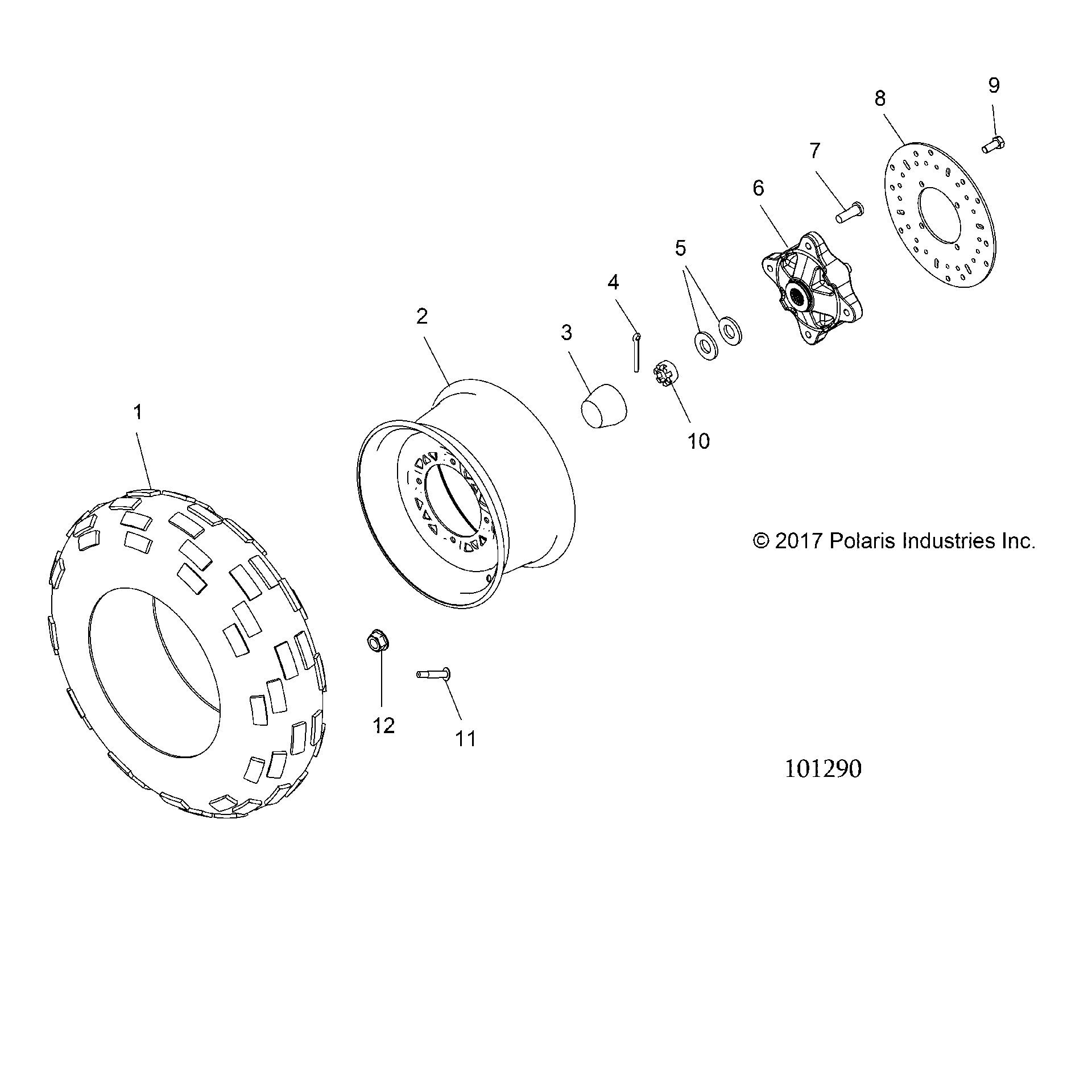 An Image of a Genuine Polaris Parts Schematic Diagram showing the schematic - WHEELS: FRONT TIRE and BRAKE DISC - 2019 POLARIS SPORTSMAN 570 EFI X2 EPS