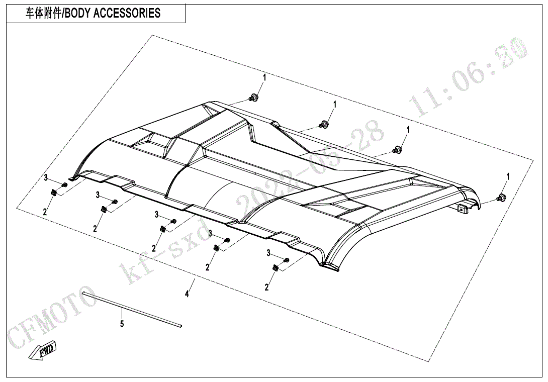 Line drawing diagram of a CF Moto Top Roof (Replaces 5Hy#-260211-1000) shows labeled attachment points, screws, and rod. Find this BODY ACCESSORIES part and other OEM UTV/ATV parts at Witchdoctors.com.