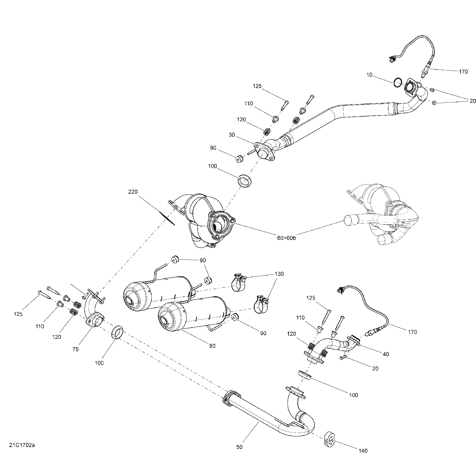 An Image of a Genuine Can-Am Parts Schematic Diagram showing the schematic - EXHAUST SYSTEM - 1000R EFI